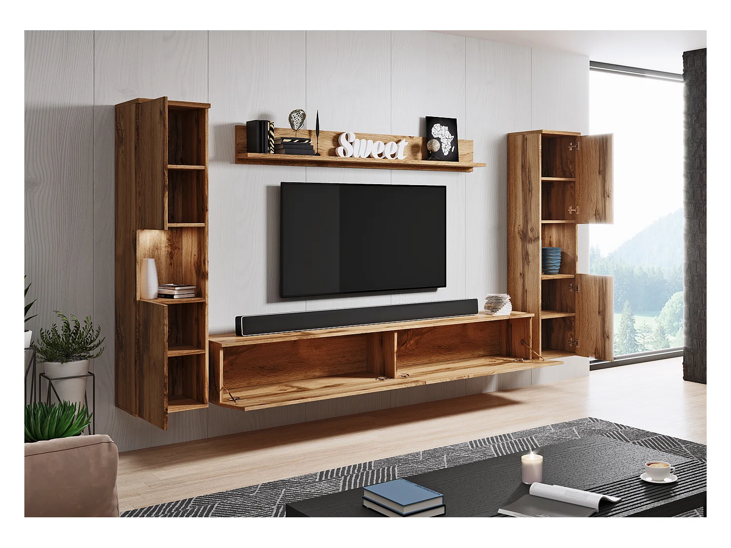 Mural de salon moderne 4 éléments avec LED, mat, 2 colonnes, meuble TV 180 cm et étagère chêne wotan