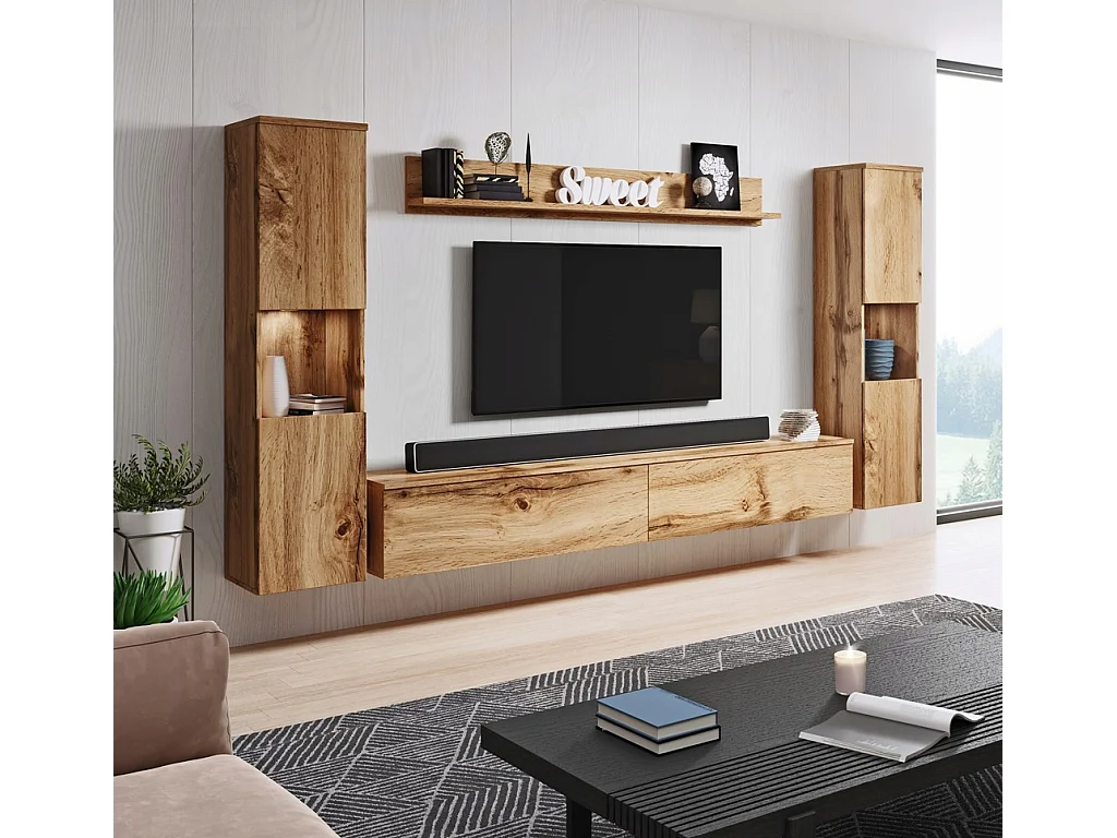 Mural de salon moderne 4 éléments avec LED, mat, 2 colonnes, meuble TV 180 cm et étagère chêne wotan