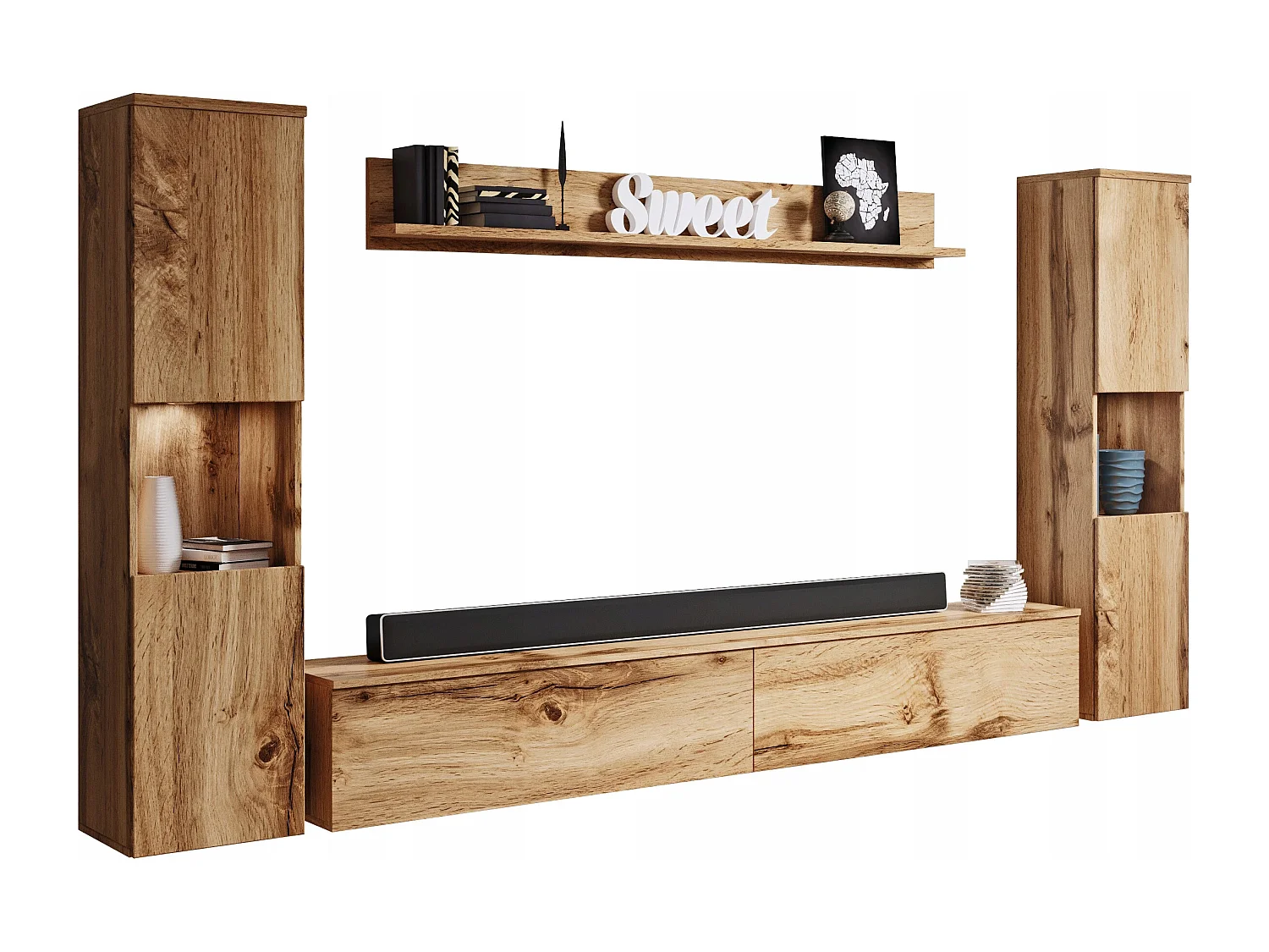 Mural de salon moderne 4 éléments avec LED, mat, 2 colonnes, meuble TV 180 cm et étagère chêne wotan
