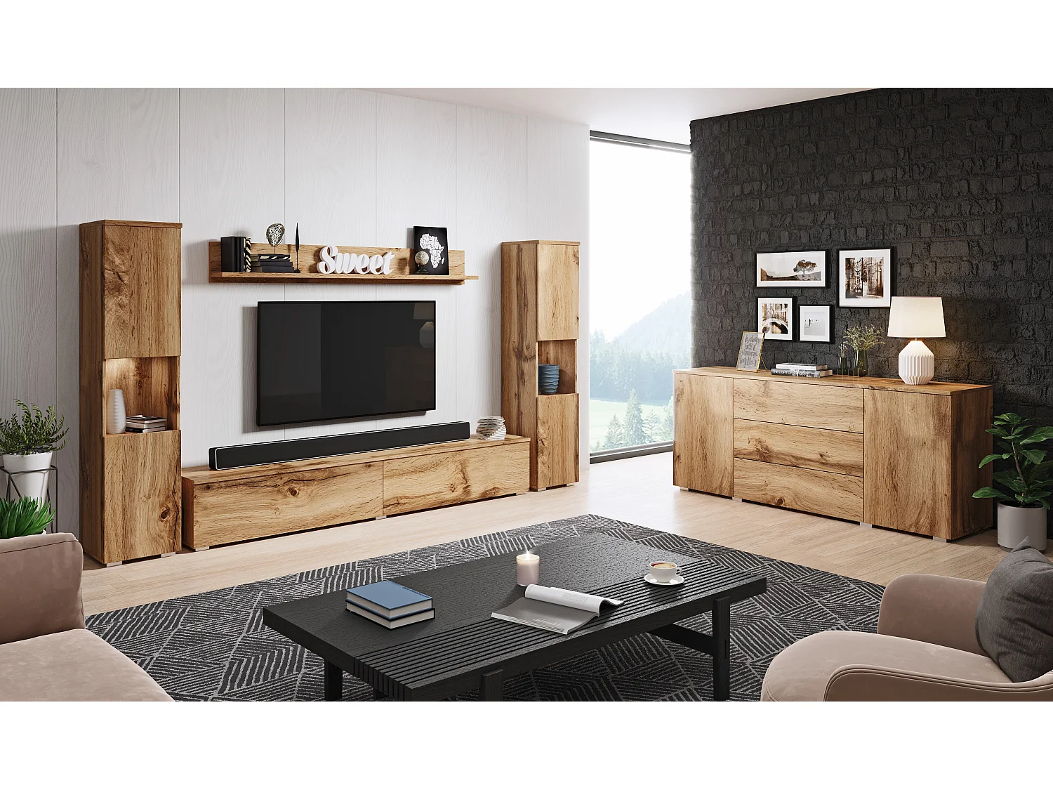 Mural de salon moderne 4 éléments avec LED, mat, 2 colonnes, meuble TV 180 cm et étagère chêne wotan