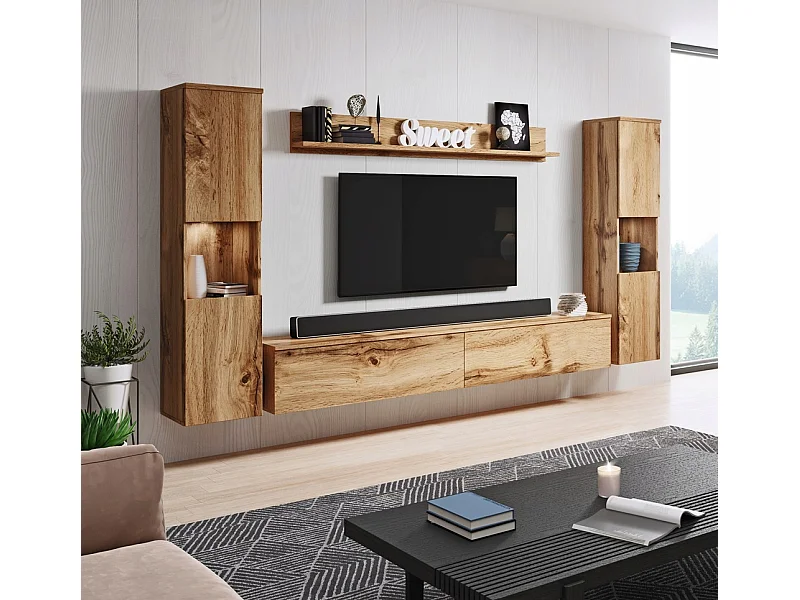 Parete soggiorno moderna 4 elementi con LED, opaca, 2 colonne, mobile TV 180 cm e mensola rovere wotan