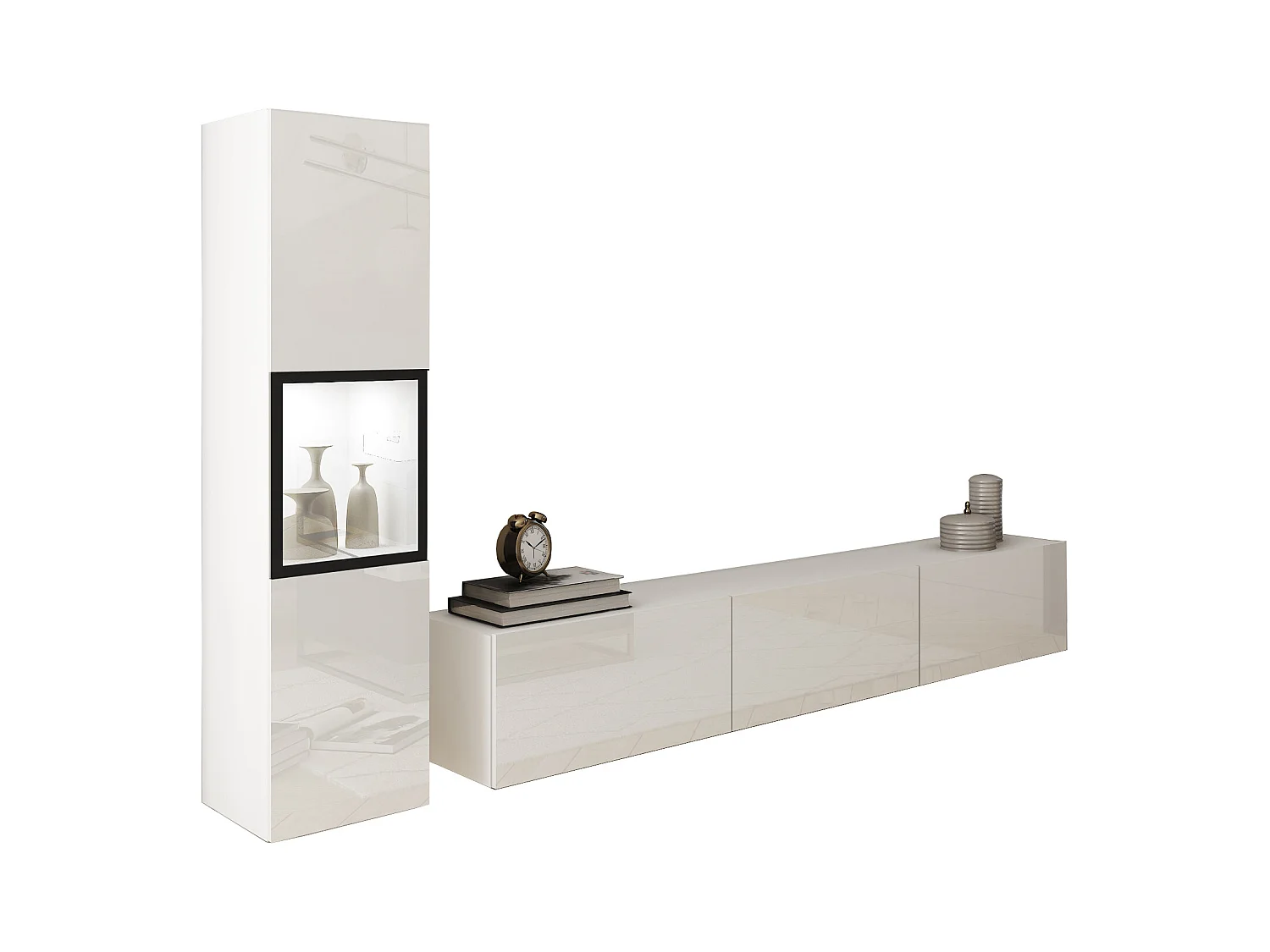 Mur TV moderne avec éclairage, ensemble suspendu et posé 2 éléments avec meuble TV 180 cm et vitrine, corps blanc mat, façades blanc brillant