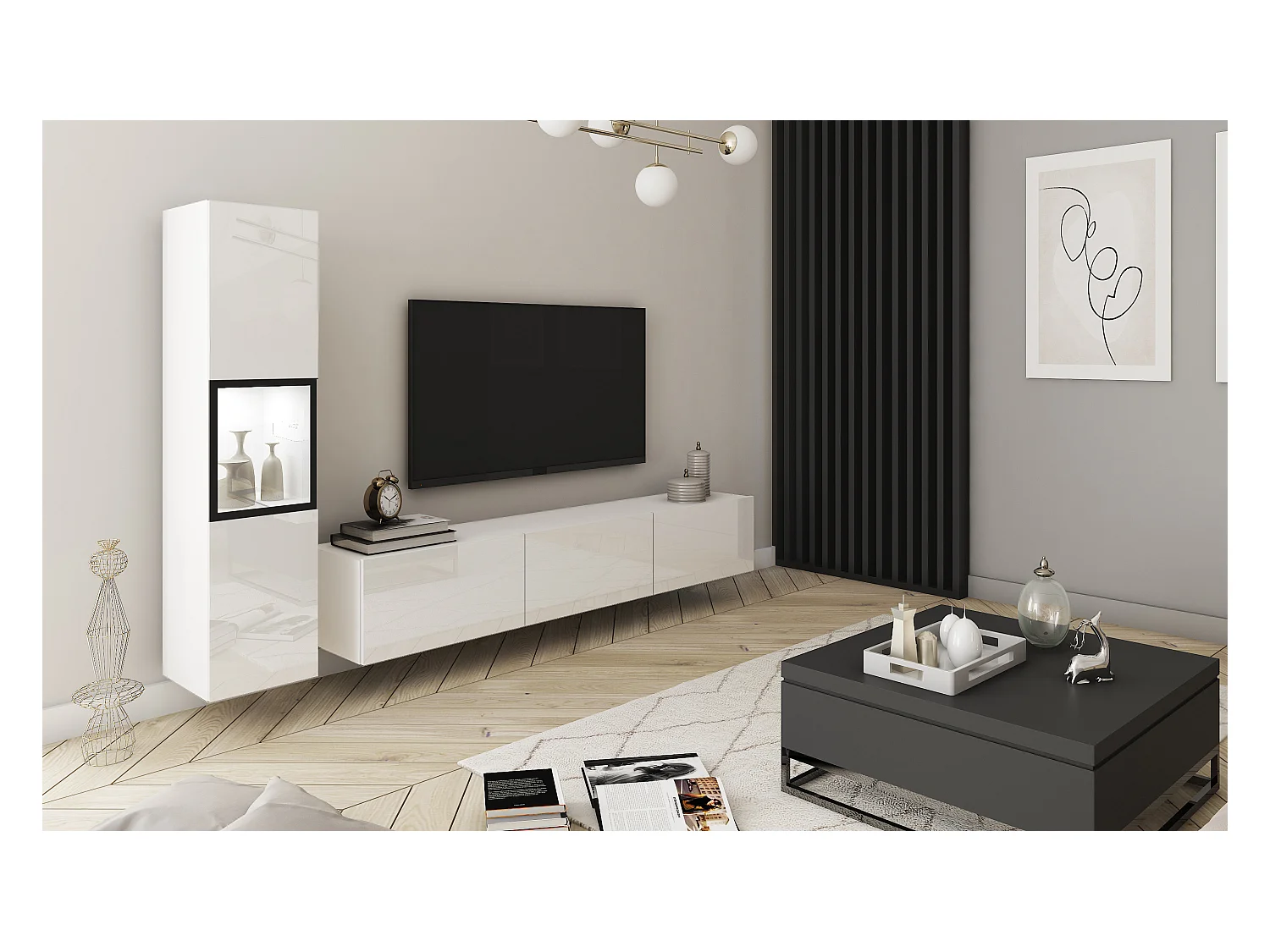 Mur TV moderne avec éclairage, ensemble suspendu et posé 2 éléments avec meuble TV 180 cm et vitrine, corps blanc mat, façades blanc brillant