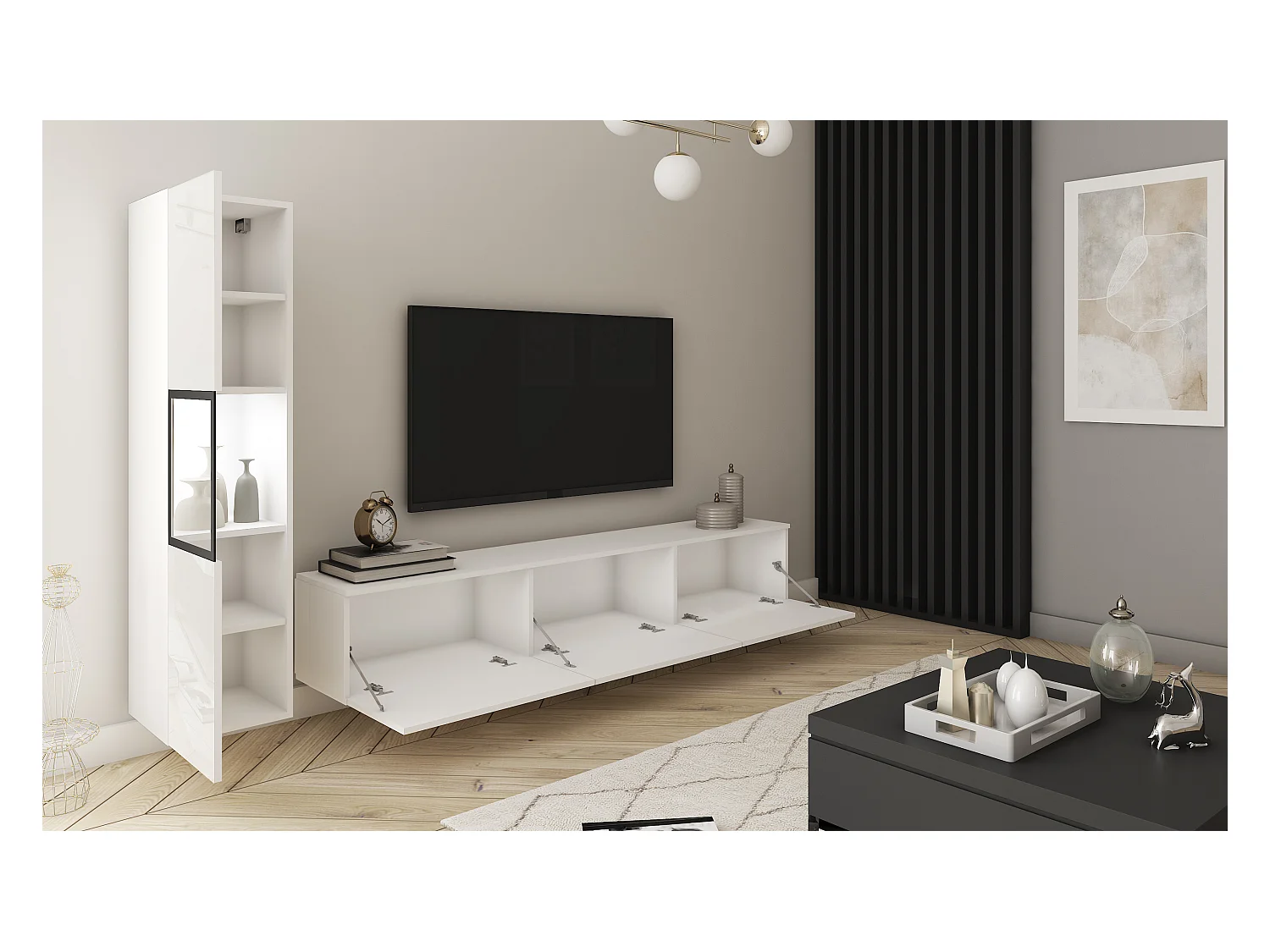 Moderne woonwand met verlichting, hangend en staand 2-delig set met tv-meubel 180 cm en vitrinekast, romp wit mat, fronten wit hoogglans