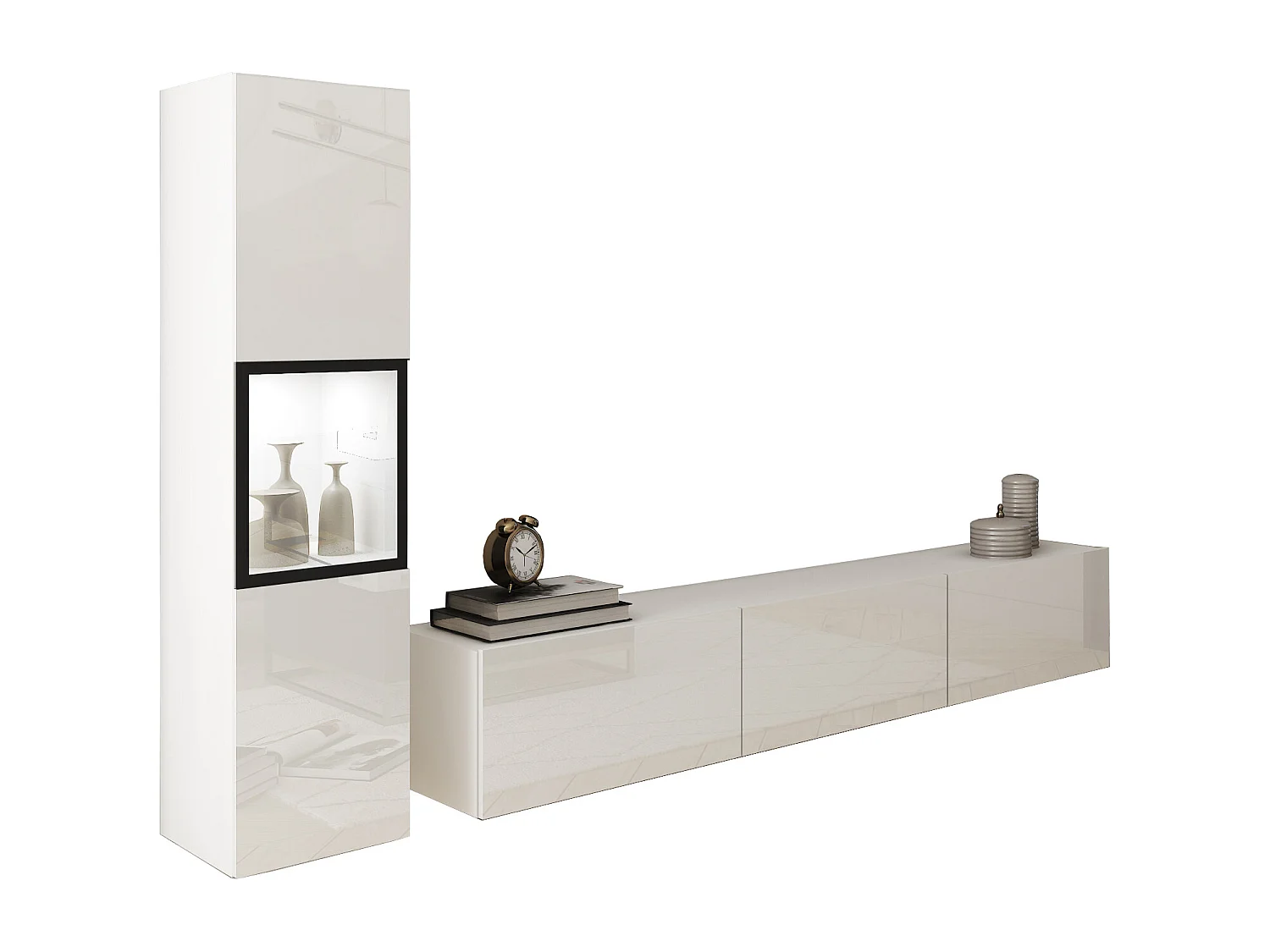 Mur TV moderne avec éclairage, ensemble suspendu et posé 2 éléments avec meuble TV 180 cm et vitrine, corps blanc mat, façades blanc brillant