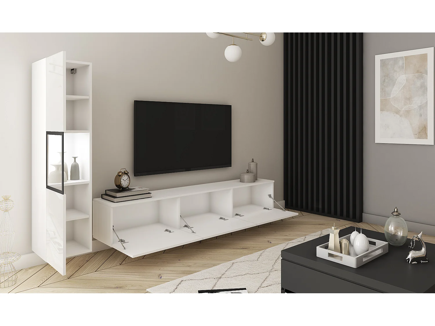 Mur TV moderne avec éclairage, ensemble suspendu et posé 2 éléments avec meuble TV 180 cm et vitrine, corps blanc mat, façades blanc brillant
