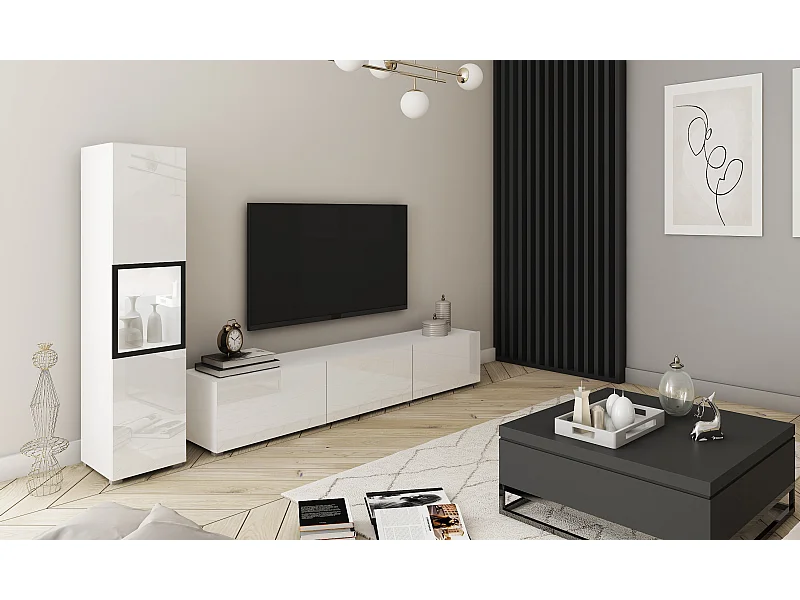 Mur TV moderne avec éclairage, ensemble suspendu et posé 2 éléments avec meuble TV 180 cm et vitrine, corps blanc mat, façades blanc brillant