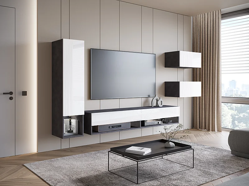 Móvel de sala moderno com LED 4 peças – conjunto suspenso TV 180 cm, coluna, 2 módulos, corpo antracite, frentes branco brilho