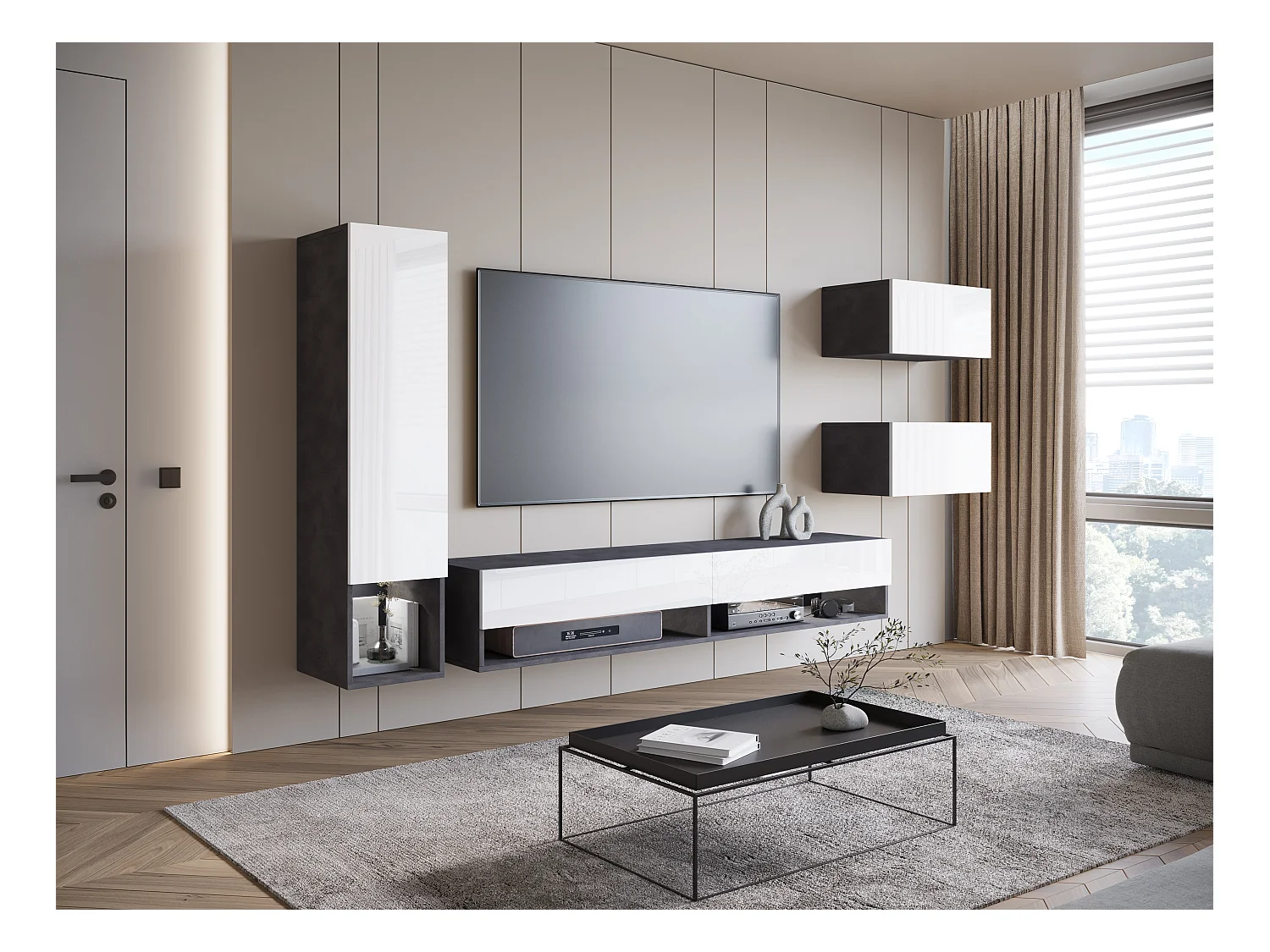 Mueble de salón moderno con LED 4 elementos – conjunto suspendido TV 180 cm, columna, 2 armarios, cuerpo antracita, frentes blanco brillo