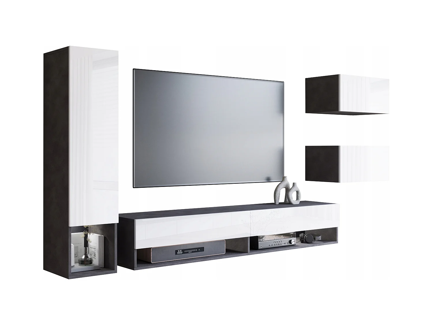 Mueble de salón moderno con LED 4 elementos – conjunto suspendido TV 180 cm, columna, 2 armarios, cuerpo antracita, frentes blanco brillo