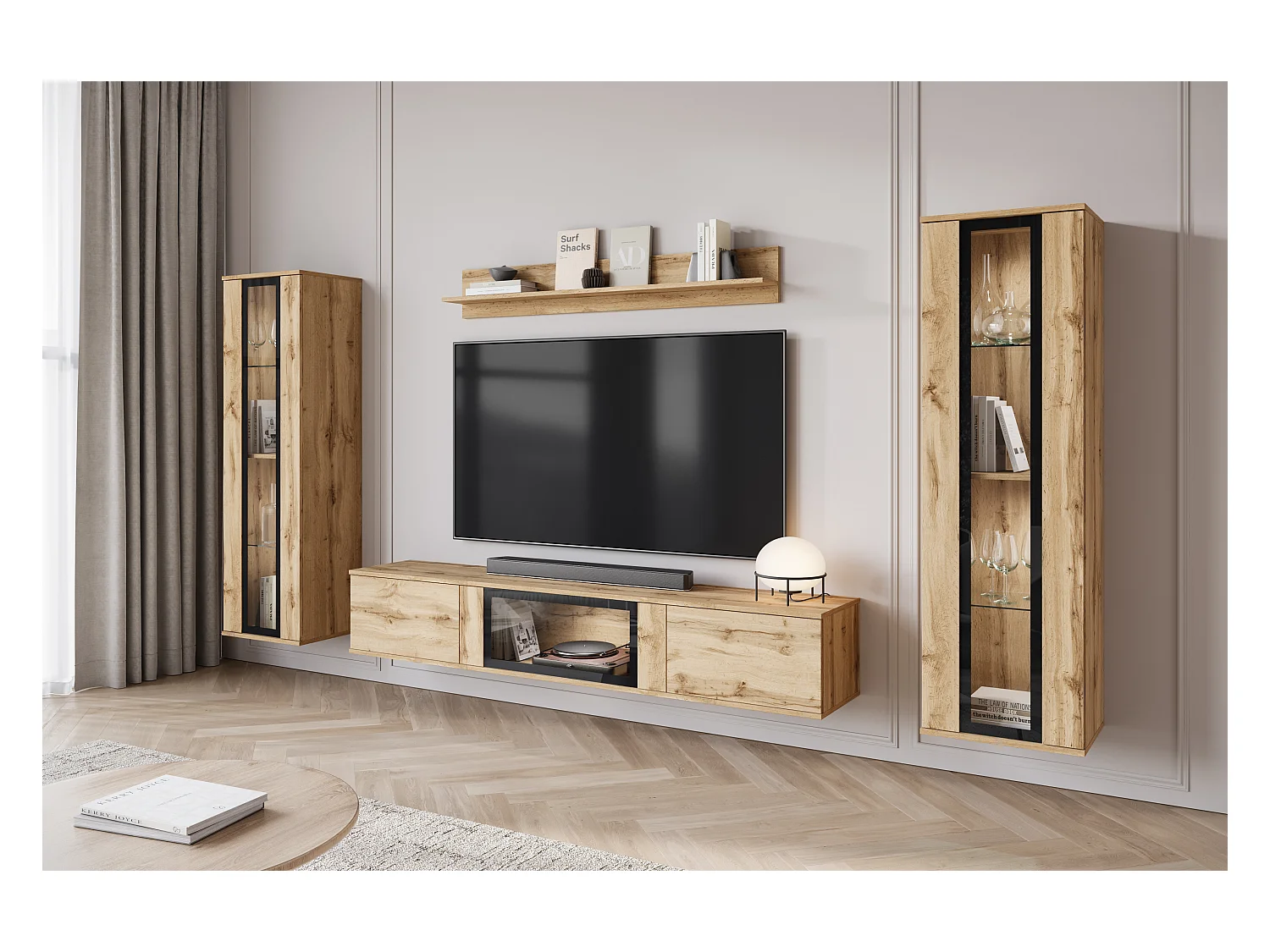 Mural de salon moderne avec LED mat 2 vitrines et meuble TV 180 cm chêne wotan