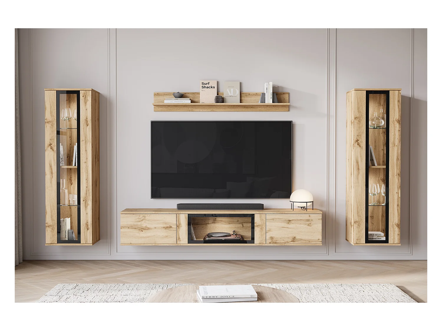 Mural de salon moderne avec LED mat 2 vitrines et meuble TV 180 cm chêne wotan