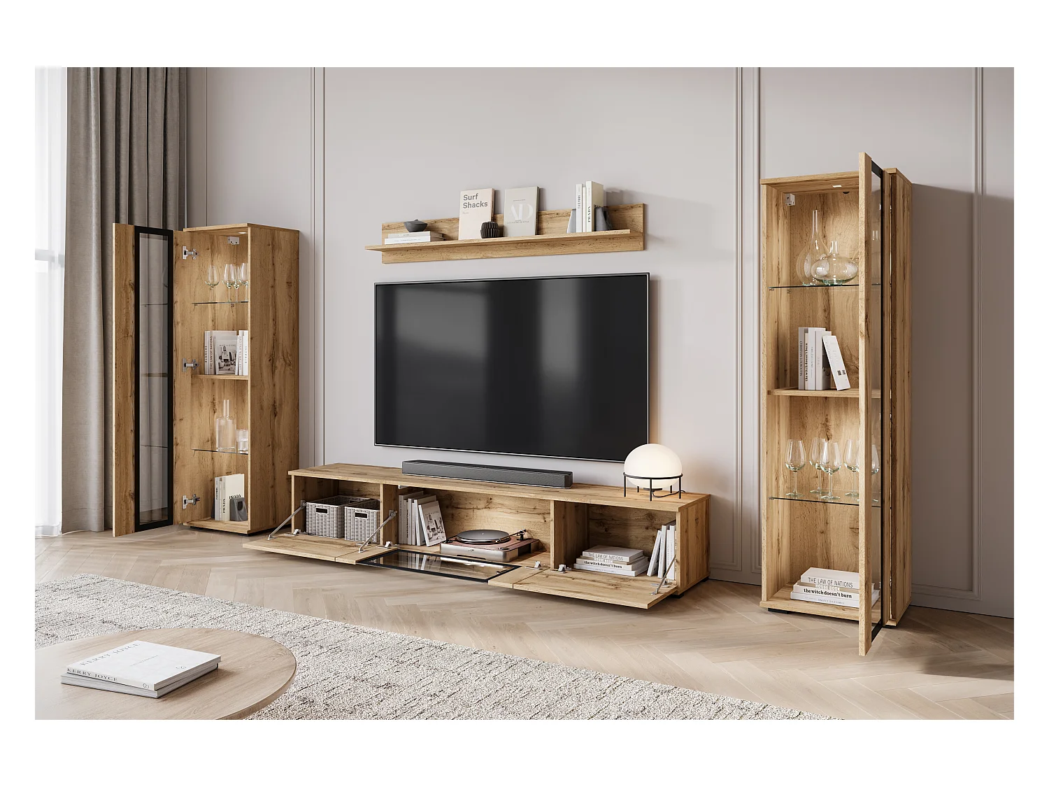 Nowoczesna meblościanka do salonu z LED mat 2 witryny i szafka RTV 180 cm dąb wotan