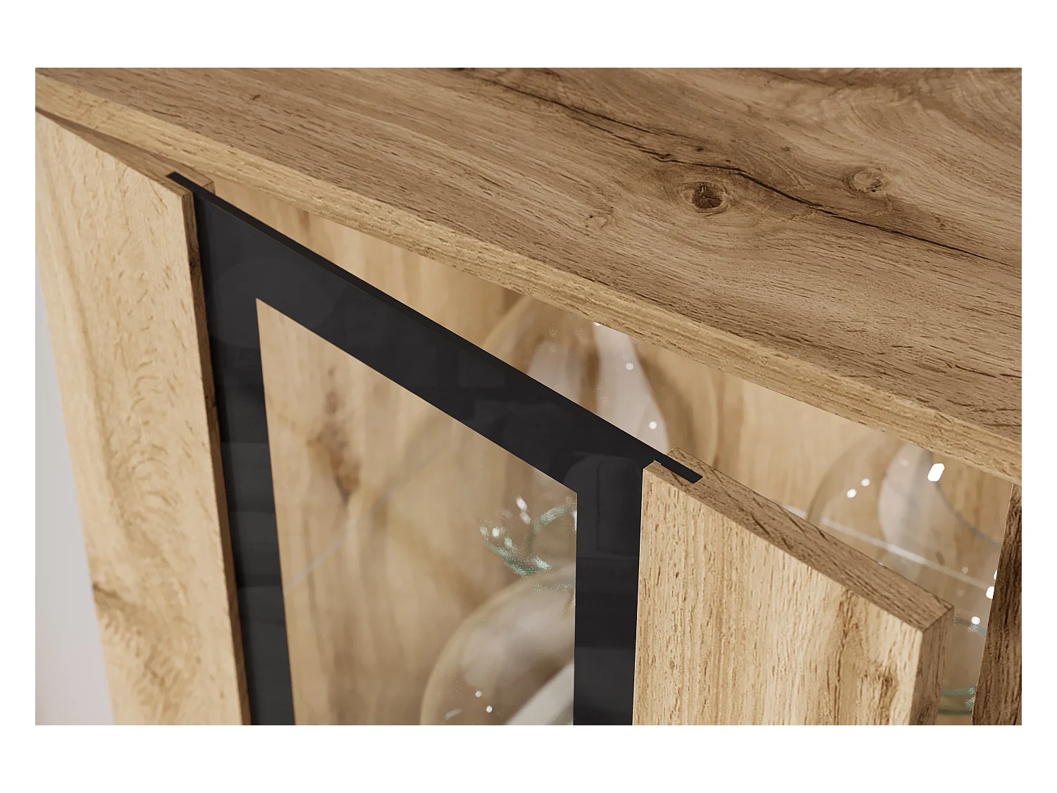 Nowoczesna meblościanka do salonu z LED mat 2 witryny i szafka RTV 180 cm dąb wotan