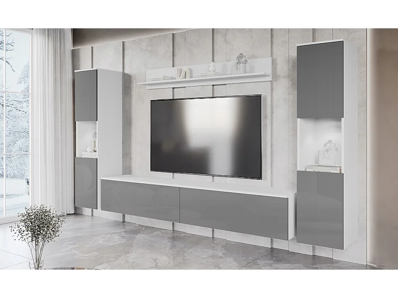 Mural de salon moderne 4 éléments avec LED, 2 colonnes, meuble TV 180 cm et étagère, corps blanc mat, façades gris brillant