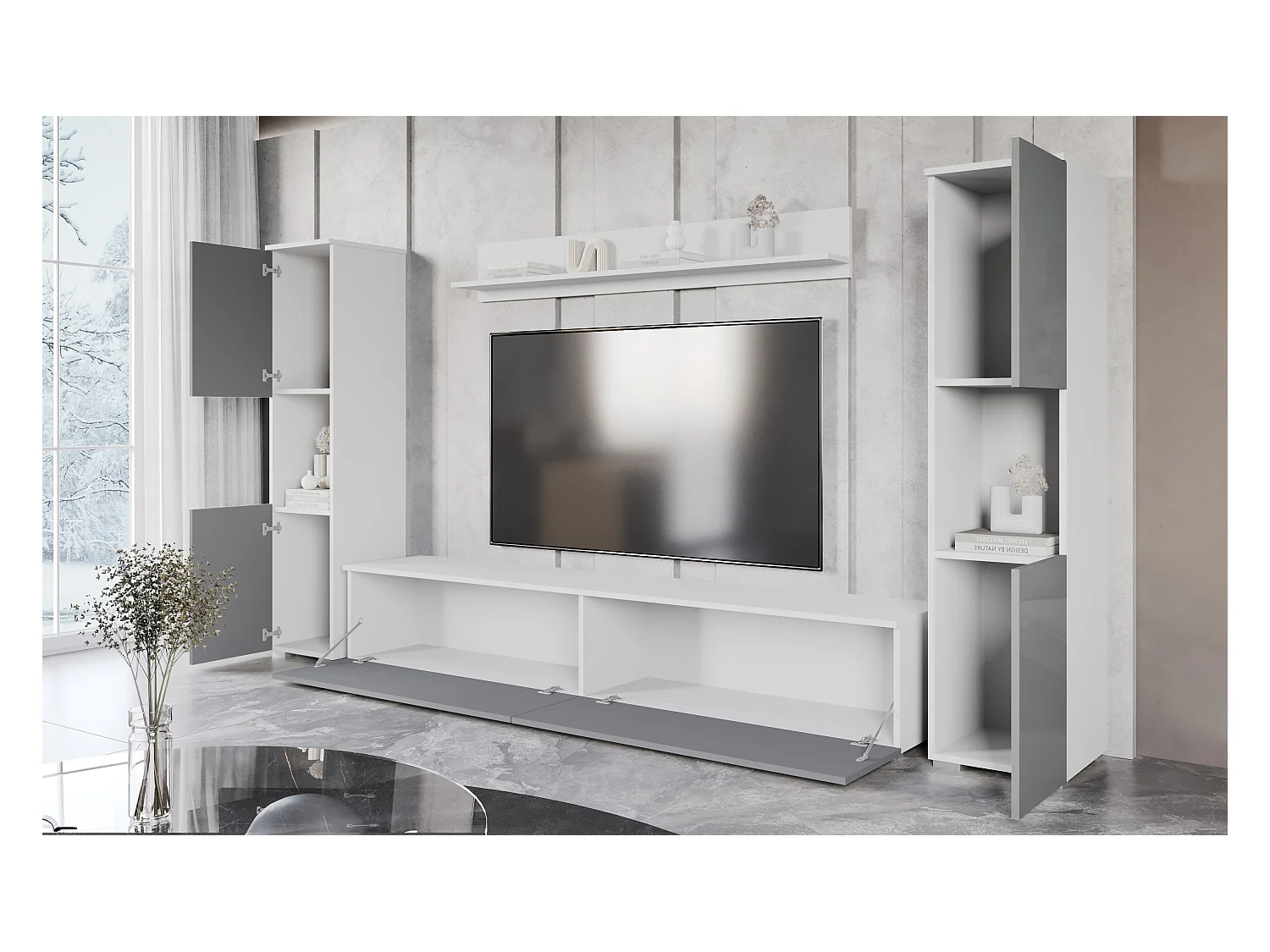 Mural de salon moderne 4 éléments avec LED, 2 colonnes, meuble TV 180 cm et étagère, corps blanc mat, façades gris brillant