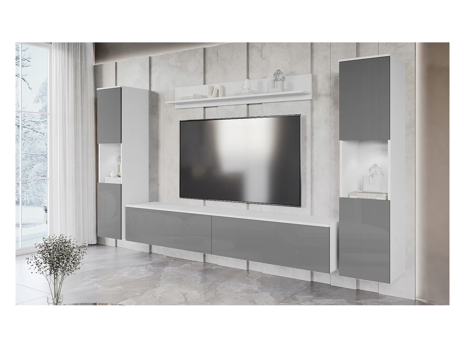 Parete soggiorno moderna 4 elementi con LED, 2 colonne, mobile TV 180 cm e mensola, corpo bianco opaco, frontali grigio lucido
