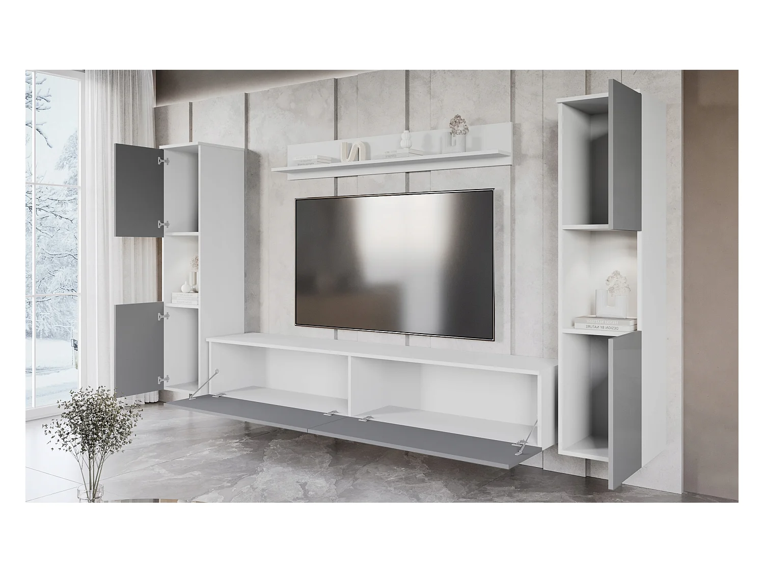 Mural de salon moderne 4 éléments avec LED, 2 colonnes, meuble TV 180 cm et étagère, corps blanc mat, façades gris brillant