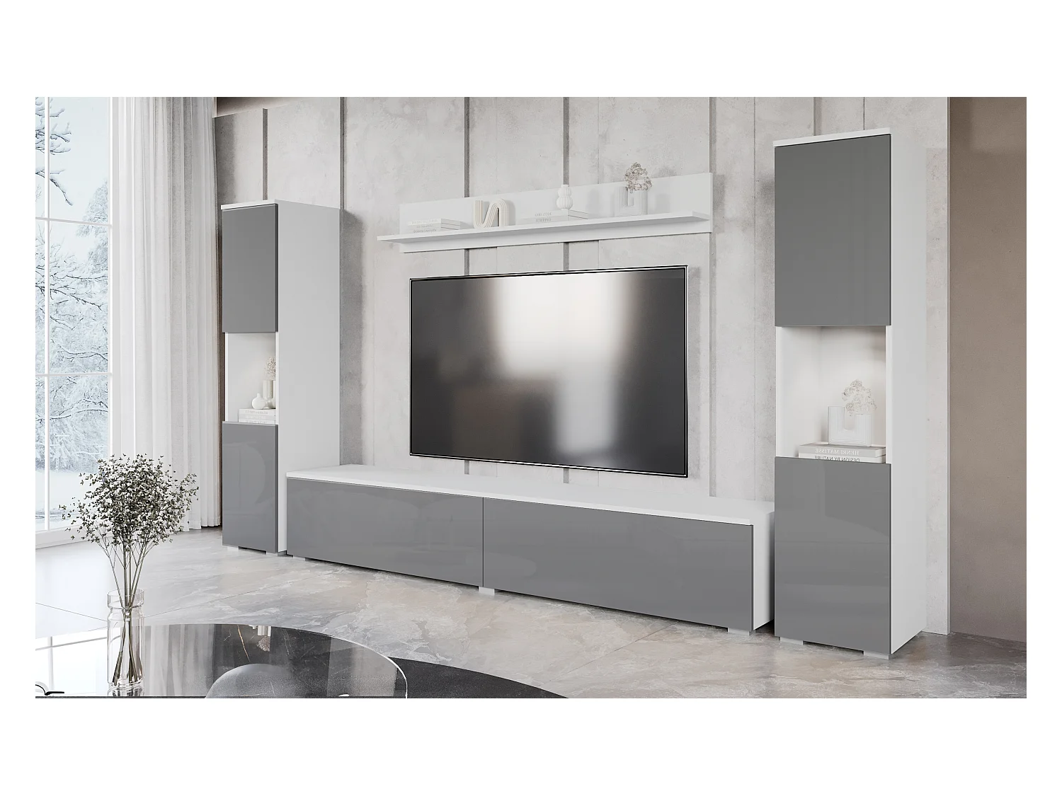 Mural de salon moderne 4 éléments avec LED, 2 colonnes, meuble TV 180 cm et étagère, corps blanc mat, façades gris brillant