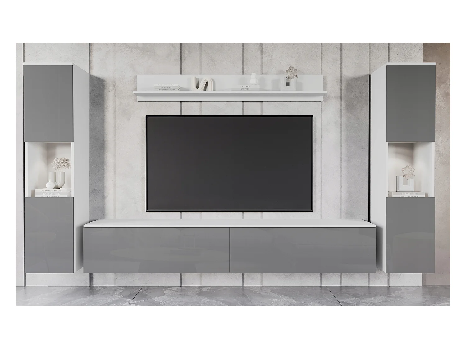 Mural de salon moderne 4 éléments avec LED, 2 colonnes, meuble TV 180 cm et étagère, corps blanc mat, façades gris brillant