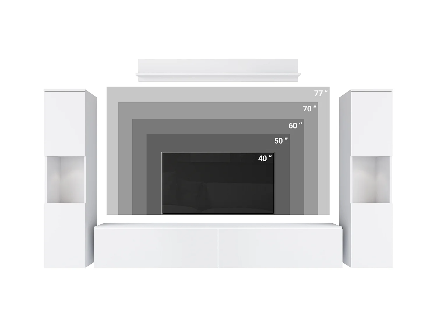 Mural de salon moderne 4 éléments avec LED, 2 colonnes, meuble TV 180 cm et étagère, corps blanc mat, façades gris brillant