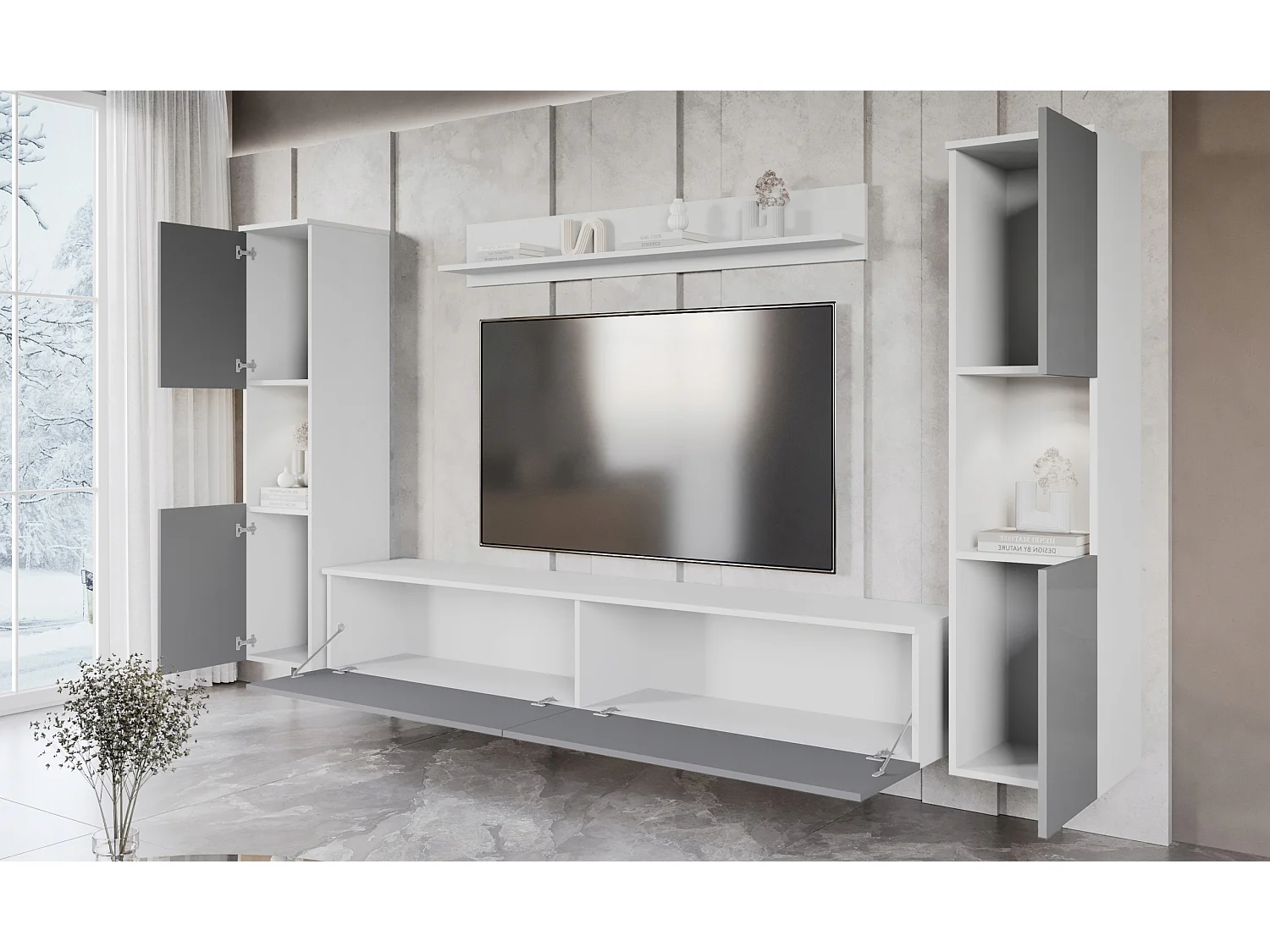 Mural de salon moderne 4 éléments avec LED, 2 colonnes, meuble TV 180 cm et étagère, corps blanc mat, façades gris brillant
