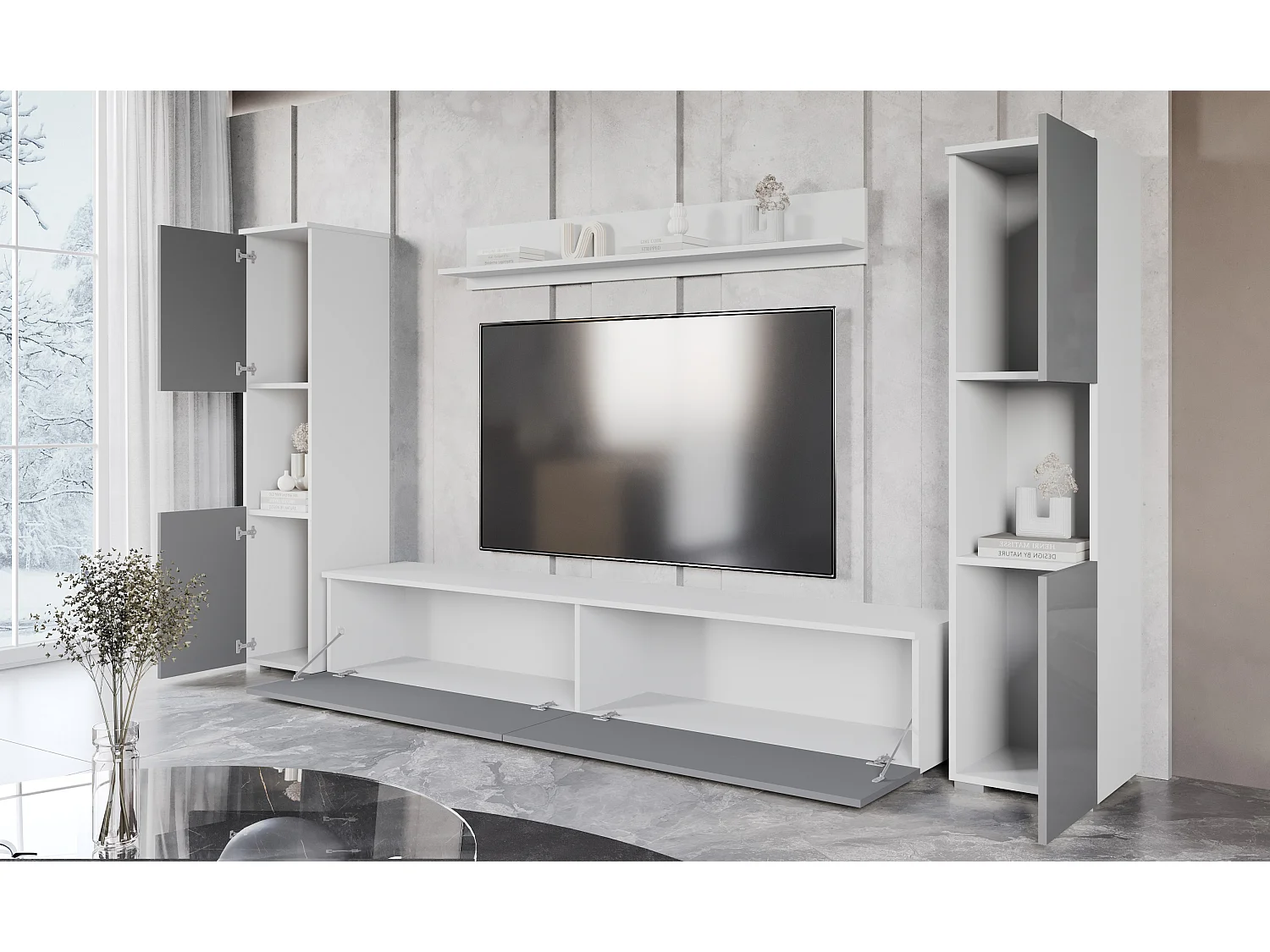 Mural de salon moderne 4 éléments avec LED, 2 colonnes, meuble TV 180 cm et étagère, corps blanc mat, façades gris brillant