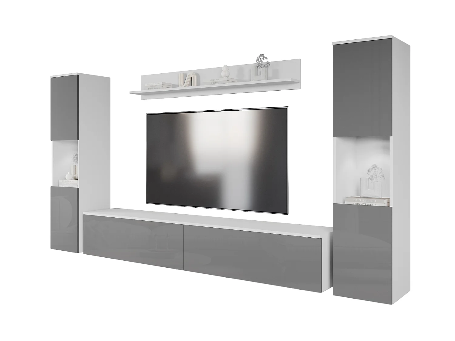 Modernes 4-teiliges LED-Salon-Wandelement mit TV-Ständer und Regal, weißer matter Korpus, glänzende graue Fronten