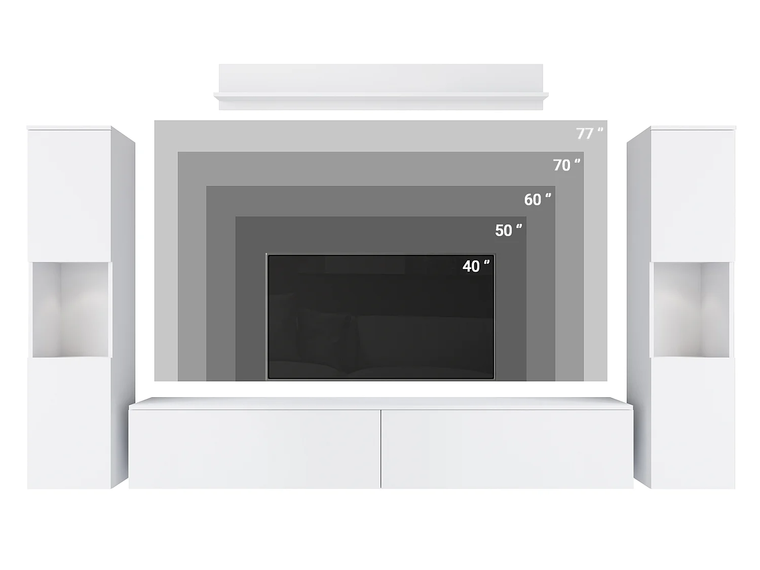 Modernes 4-teiliges LED-Salon-Wandelement mit TV-Ständer und Regal, weißer matter Korpus, glänzende graue Fronten