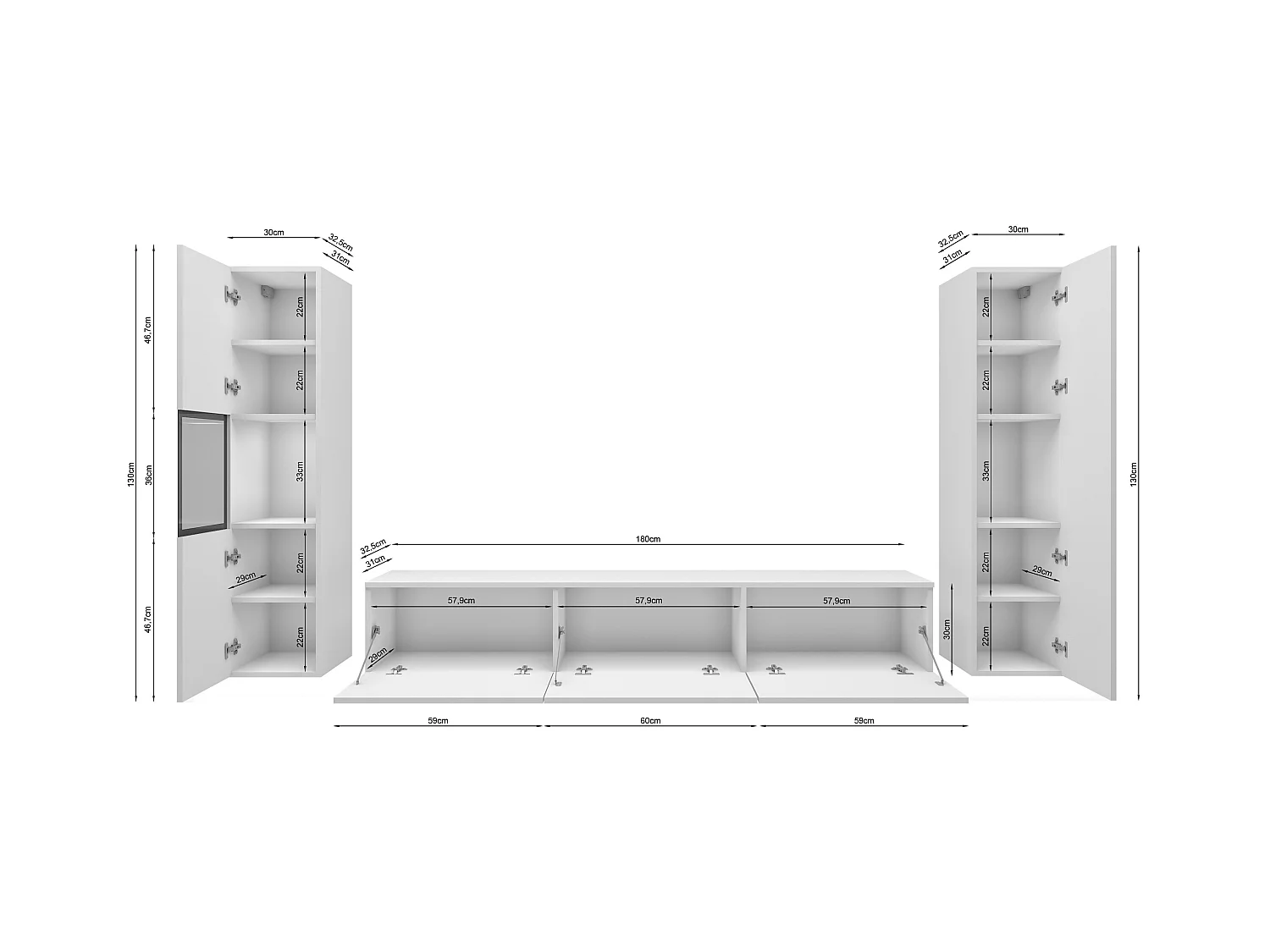 Ensemble mural avec éclairage LED, ensemble avec meuble TV 180 cm, vitrine et colonne, corps blanc mat, façades blanc brillant, insert chêne Wotan