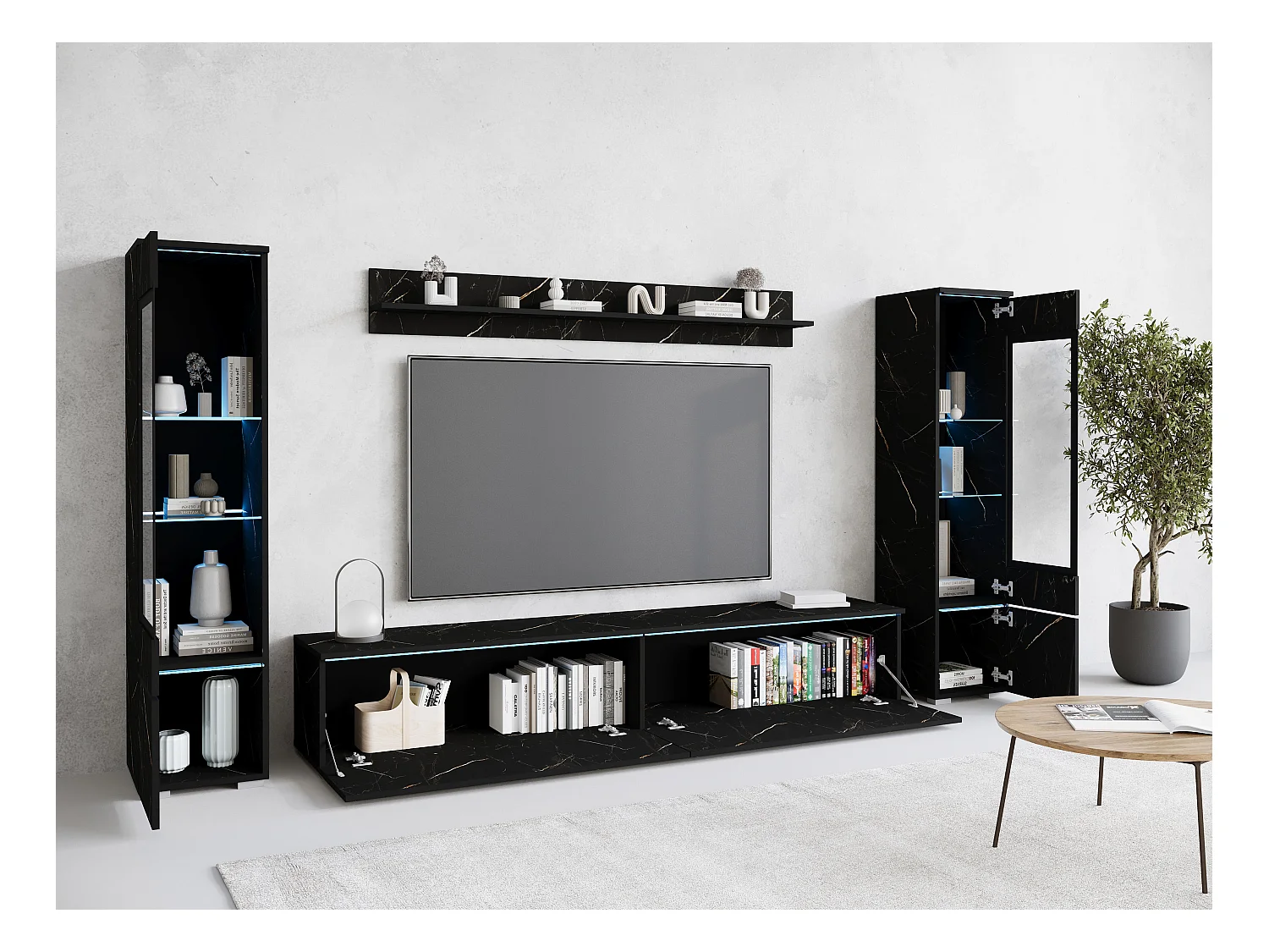 Ensemble de meubles pour salon avec LED 4 éléments – meuble TV 180 cm, 2 vitrines et étagère, composition murale debout ou suspendue, marbre mat