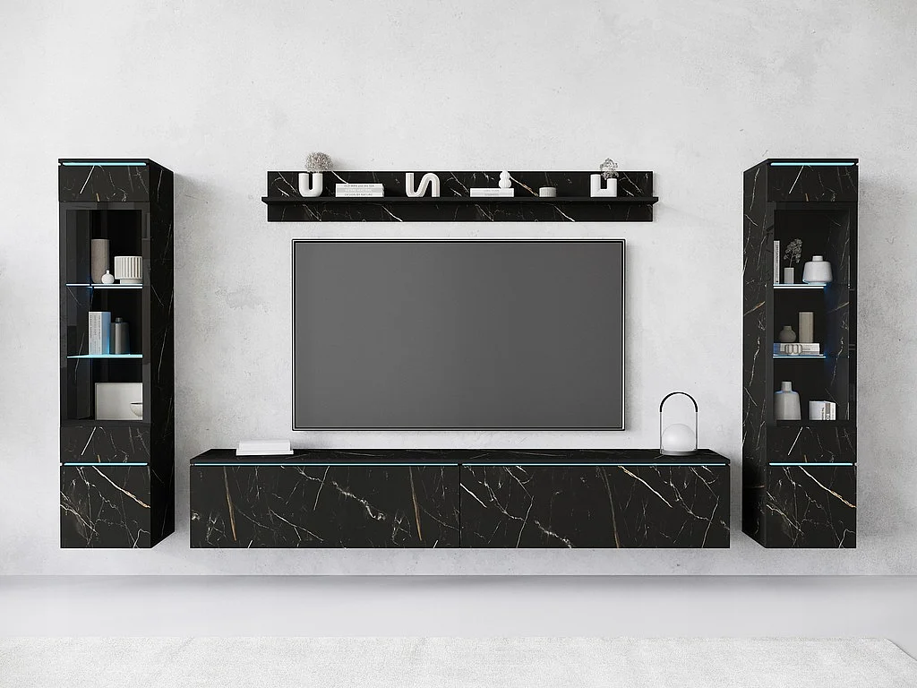 Ensemble de meubles pour salon avec LED 4 éléments – meuble TV 180 cm, 2 vitrines et étagère, composition murale debout ou suspendue, marbre mat