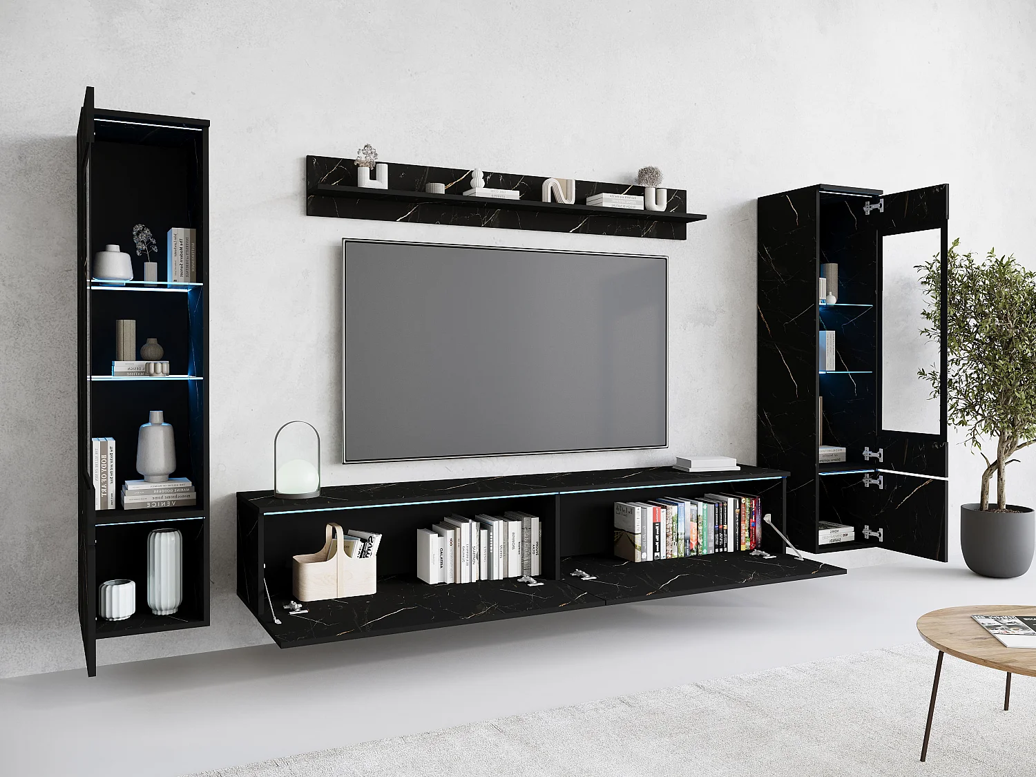Ensemble de meubles pour salon avec LED 4 éléments – meuble TV 180 cm, 2 vitrines et étagère, composition murale debout ou suspendue, marbre mat