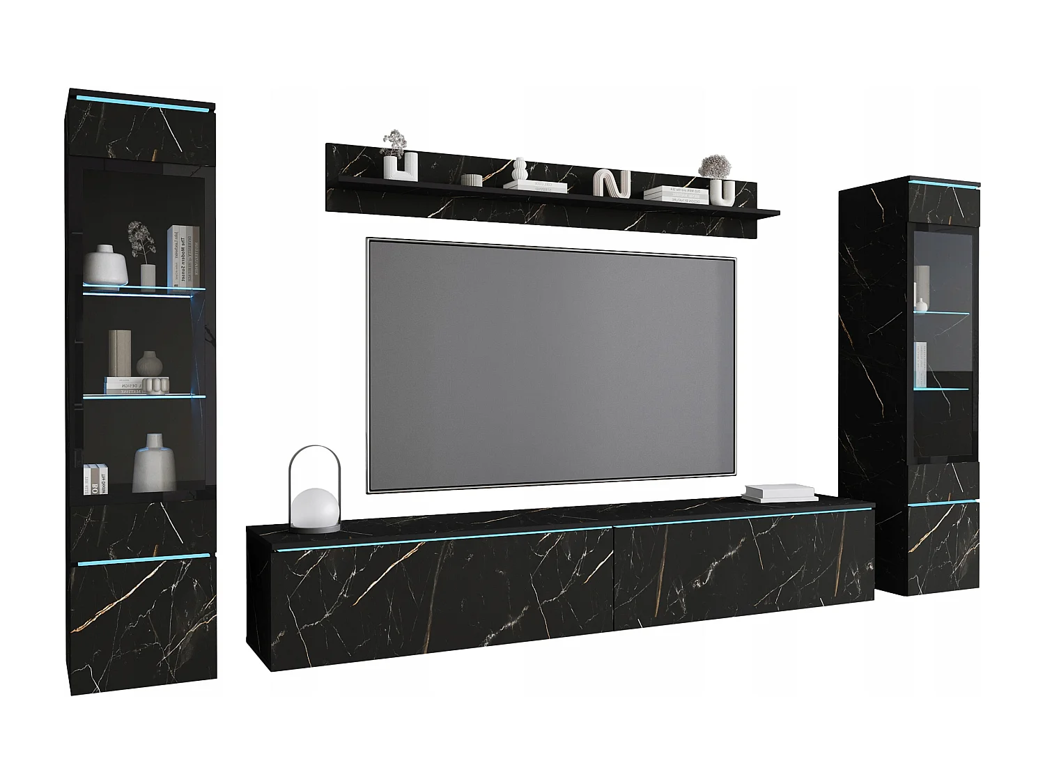 Modernes 4-teiliges LED-Wohnzimmermöbelset - TV-Ständer, 2 Vitrinenschränke, Wandregal, Mattes Marmor
