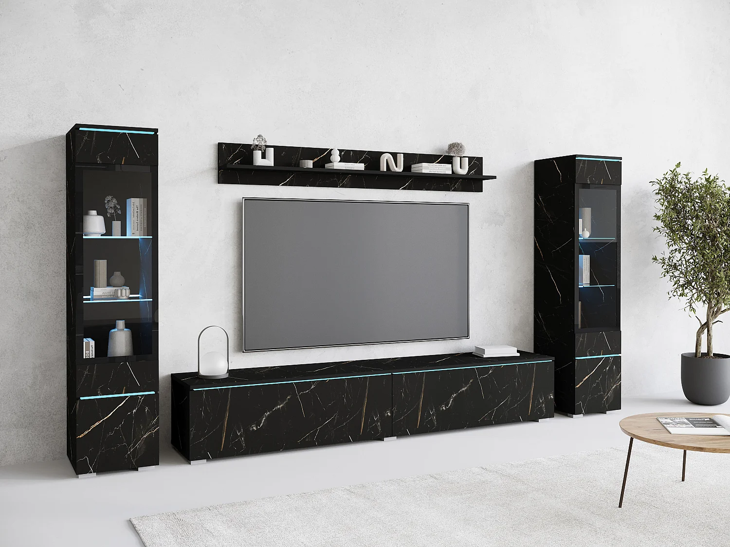Modernes 4-teiliges LED-Wohnzimmermöbelset - TV-Ständer, 2 Vitrinenschränke, Wandregal, Mattes Marmor