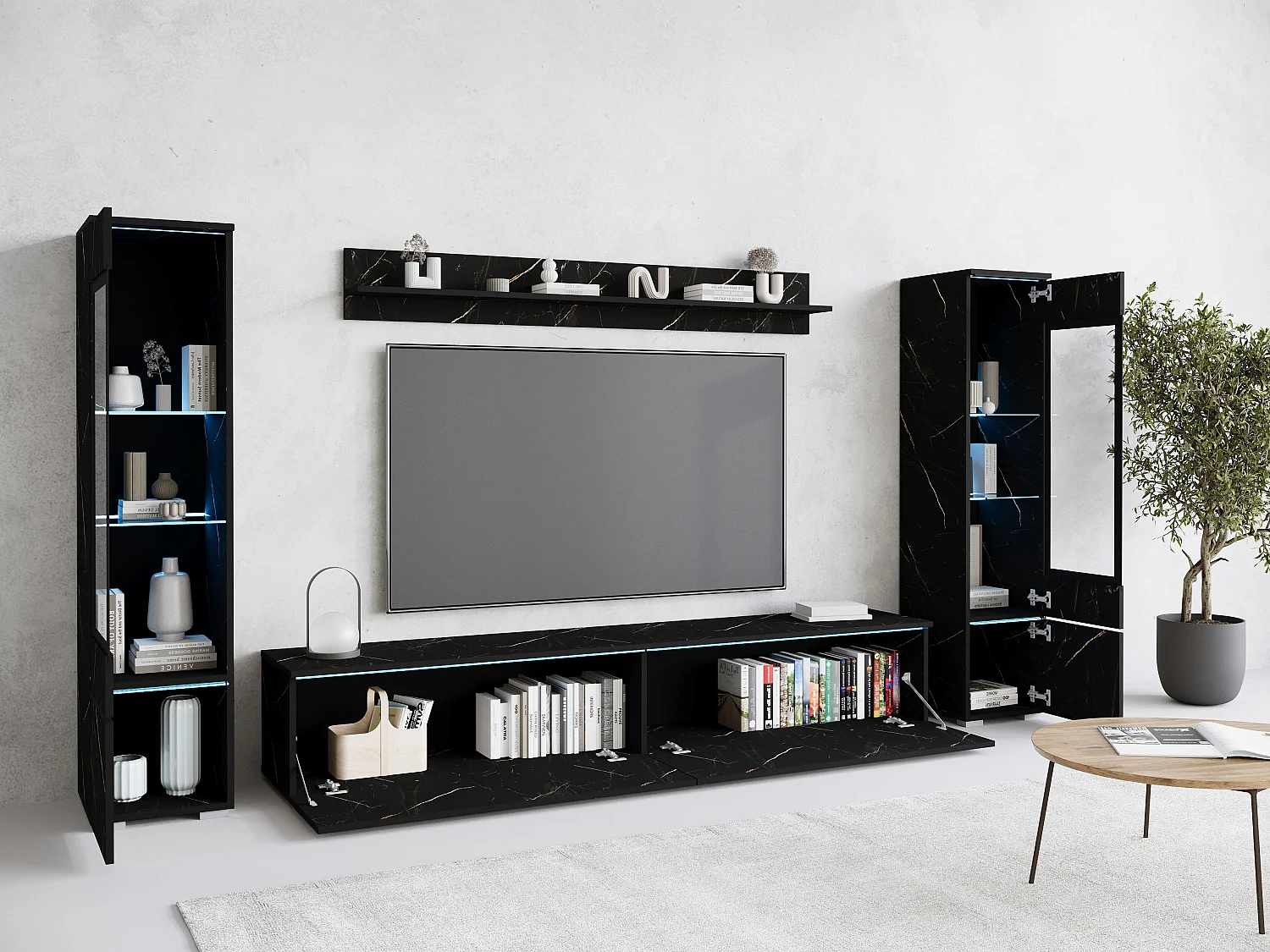 Modernes 4-teiliges LED-Wohnzimmermöbelset - TV-Ständer, 2 Vitrinenschränke, Wandregal, Mattes Marmor
