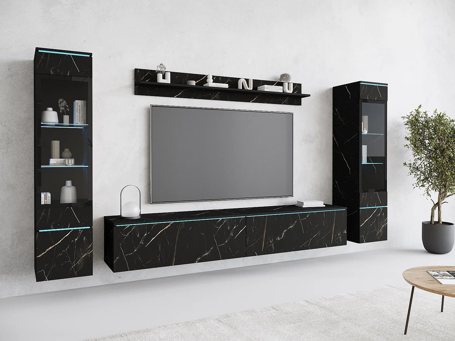 Modernes 4-teiliges LED-Wohnzimmermöbelset - TV-Ständer, 2 Vitrinenschränke, Wandregal, Mattes Marmor