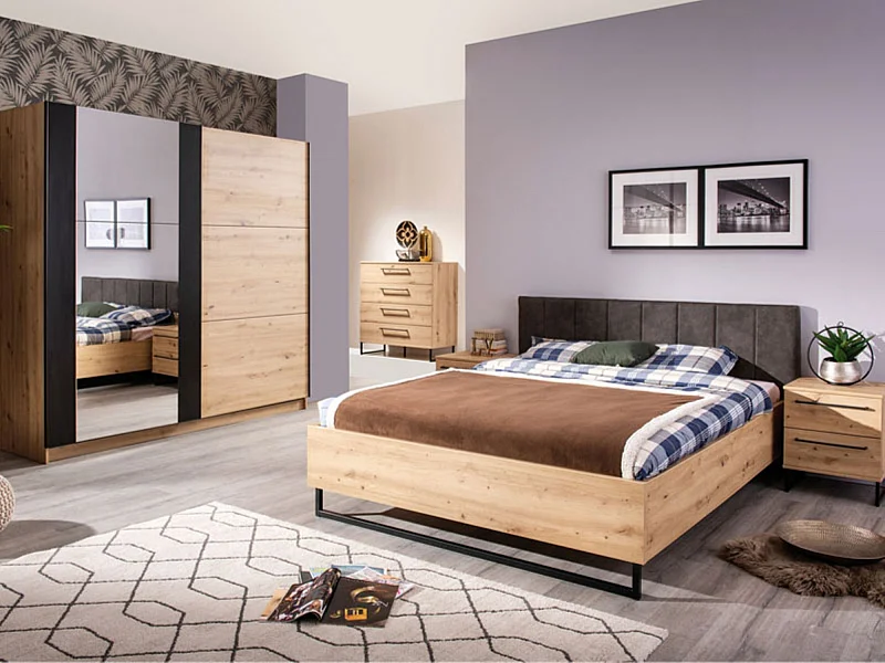 Ensemble chambre lit 160x200, 2 chevets, commode et armoire couleur chêne artisan /noir