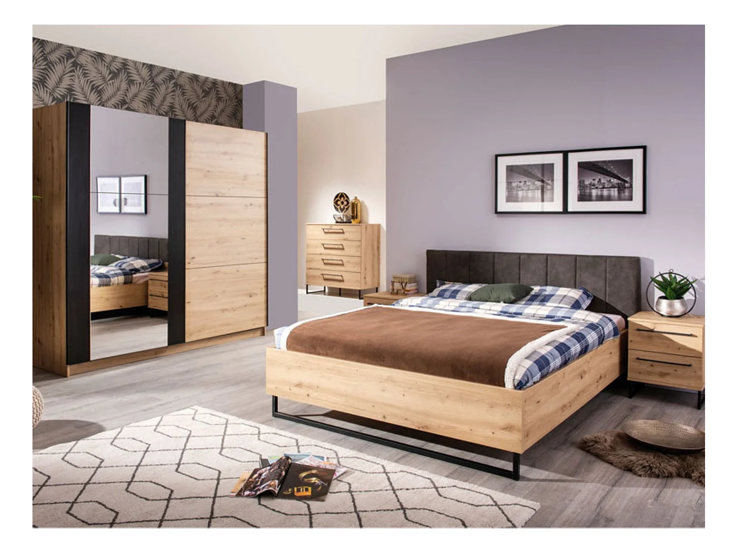 Ensemble chambre lit 160x200, 2 chevets, commode et armoire couleur chêne artisan /noir