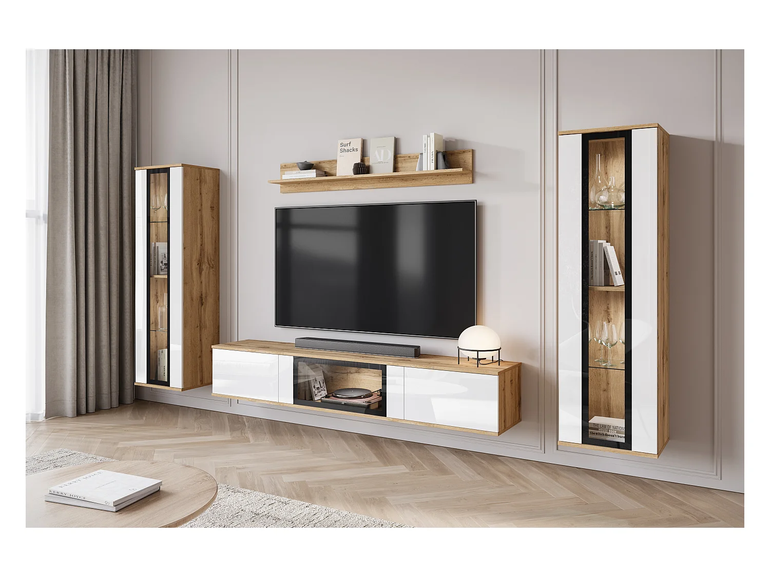 Moderne woonkamerwand met LED 2 vitrinekasten en TV meubel 180 cm romp eiken wotan fronten wit hoogglans