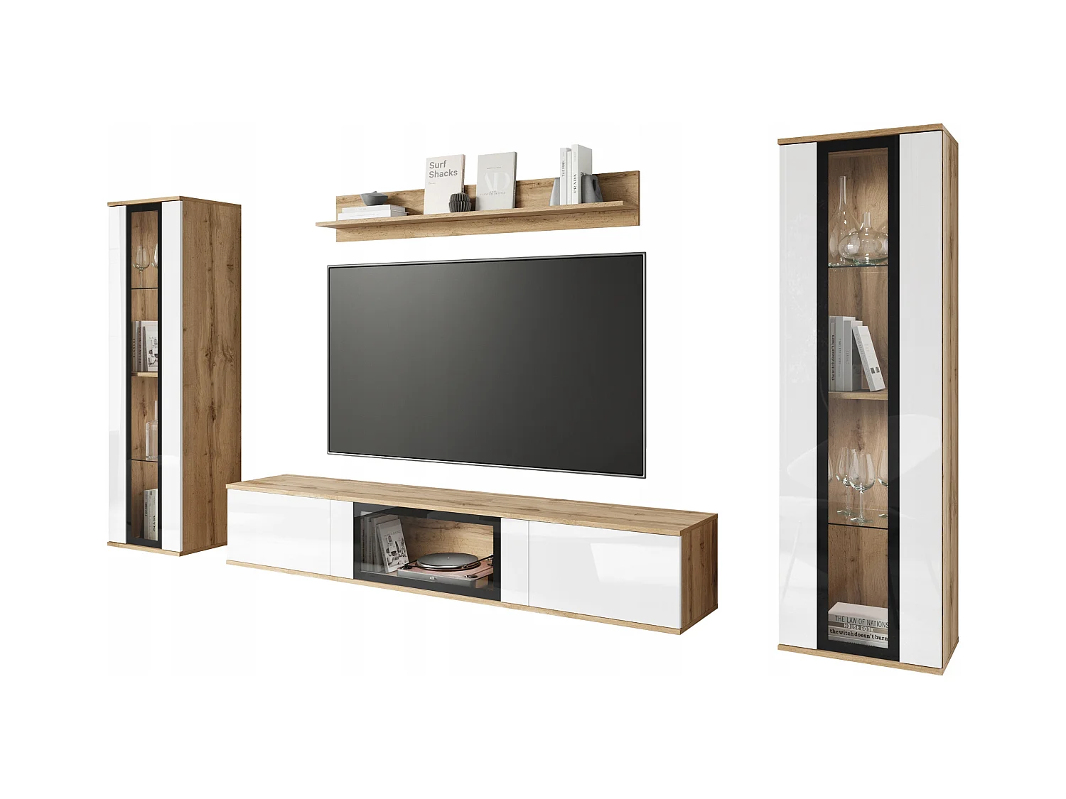 Moderne woonkamerwand met LED 2 vitrinekasten en TV meubel 180 cm romp eiken wotan fronten wit hoogglans