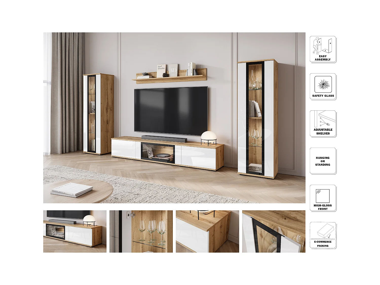 Moderne woonkamerwand met LED 2 vitrinekasten en TV meubel 180 cm romp eiken wotan fronten wit hoogglans