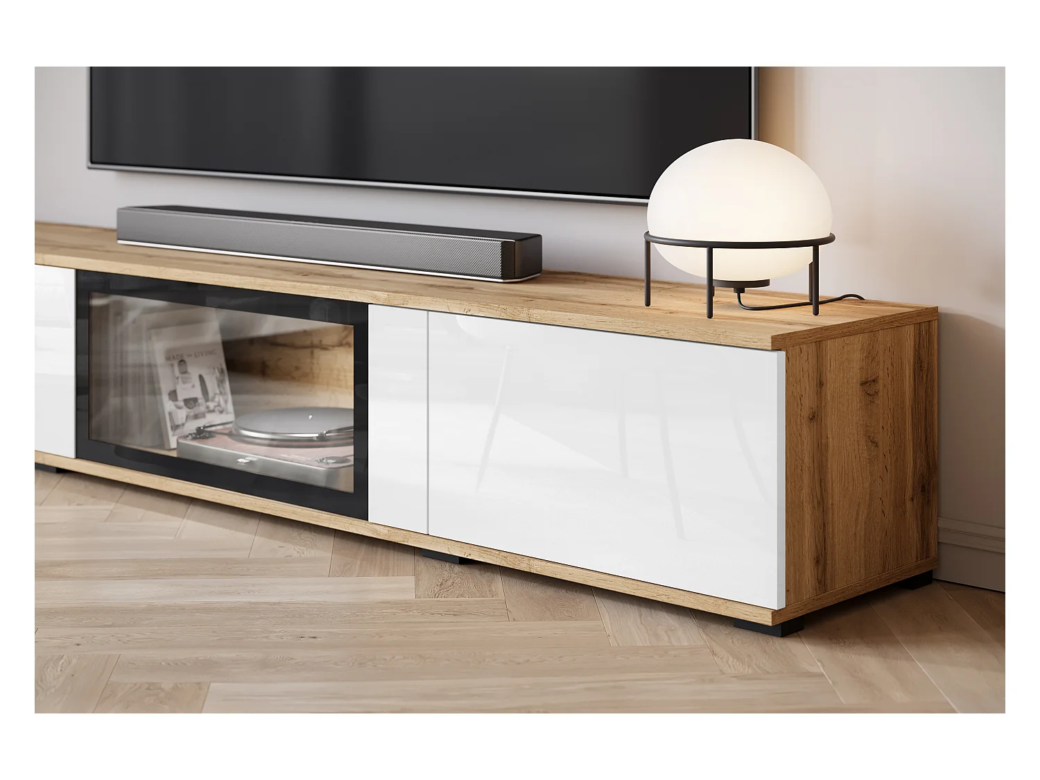 Moderne woonkamerwand met LED 2 vitrinekasten en TV meubel 180 cm romp eiken wotan fronten wit hoogglans