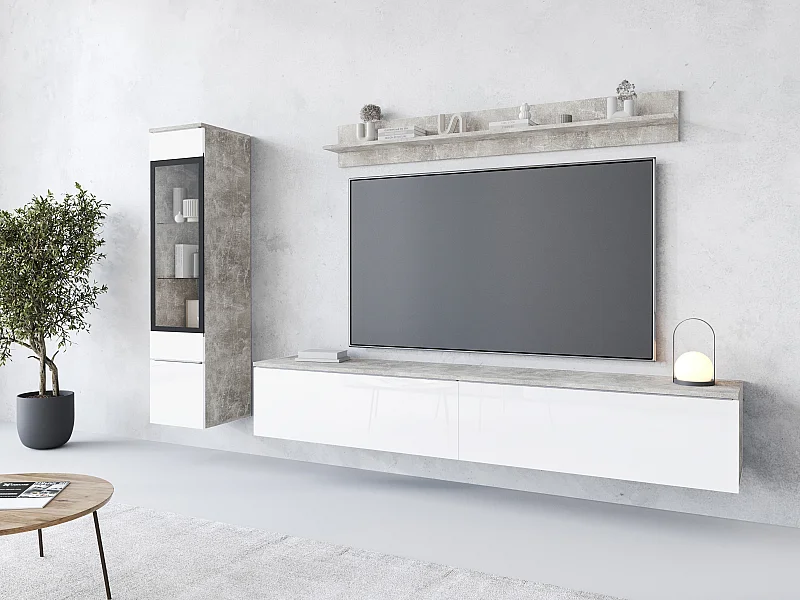 Zestaw mebli do salonu 3 elementy z LED – szafka RTV 180 cm witryna i półka, korpus beton mat, fronty biały połysk
