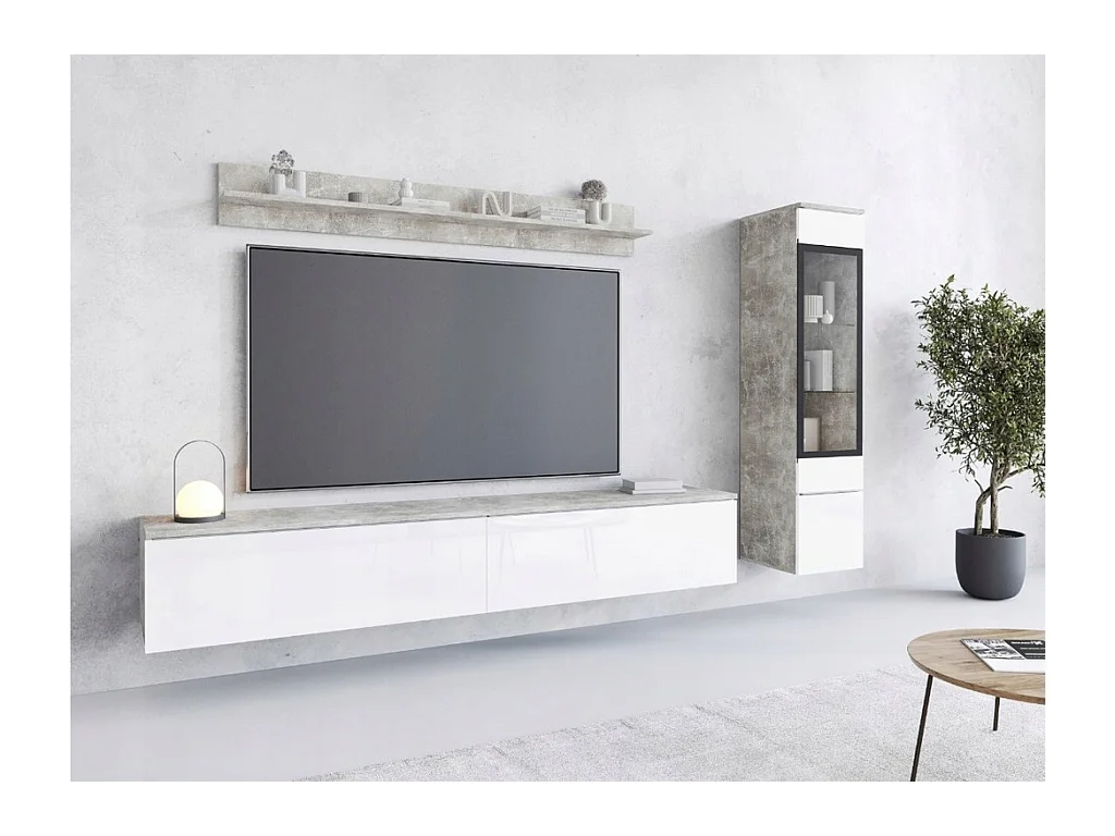 Ensemble de meubles pour salon 3 éléments avec LED – meuble TV 180 cm, vitrine et étagère, corps béton mat, façades blanc brillant