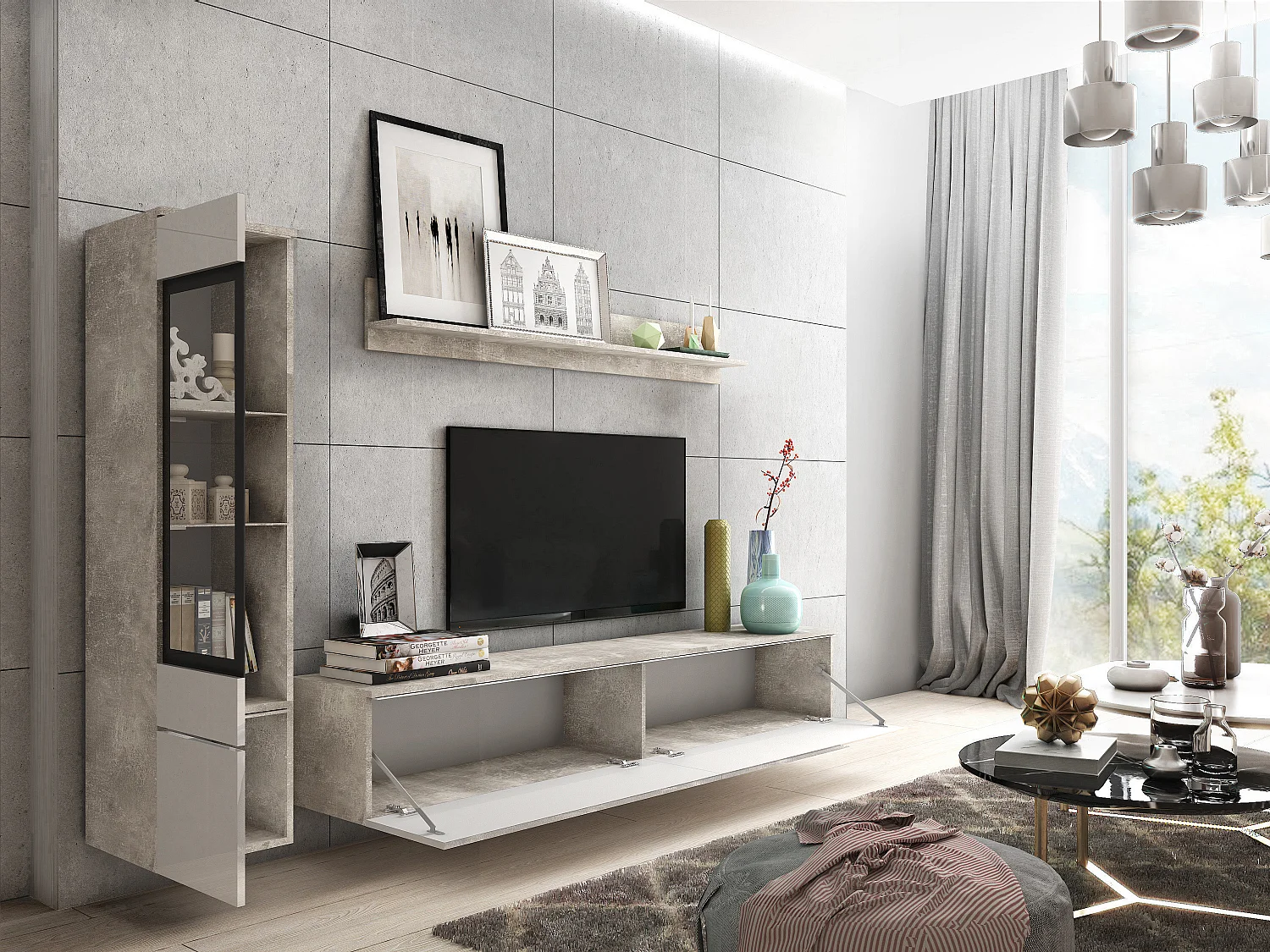 Ensemble de meubles pour salon 3 éléments avec LED – meuble TV 180 cm, vitrine et étagère, corps béton mat, façades blanc brillant