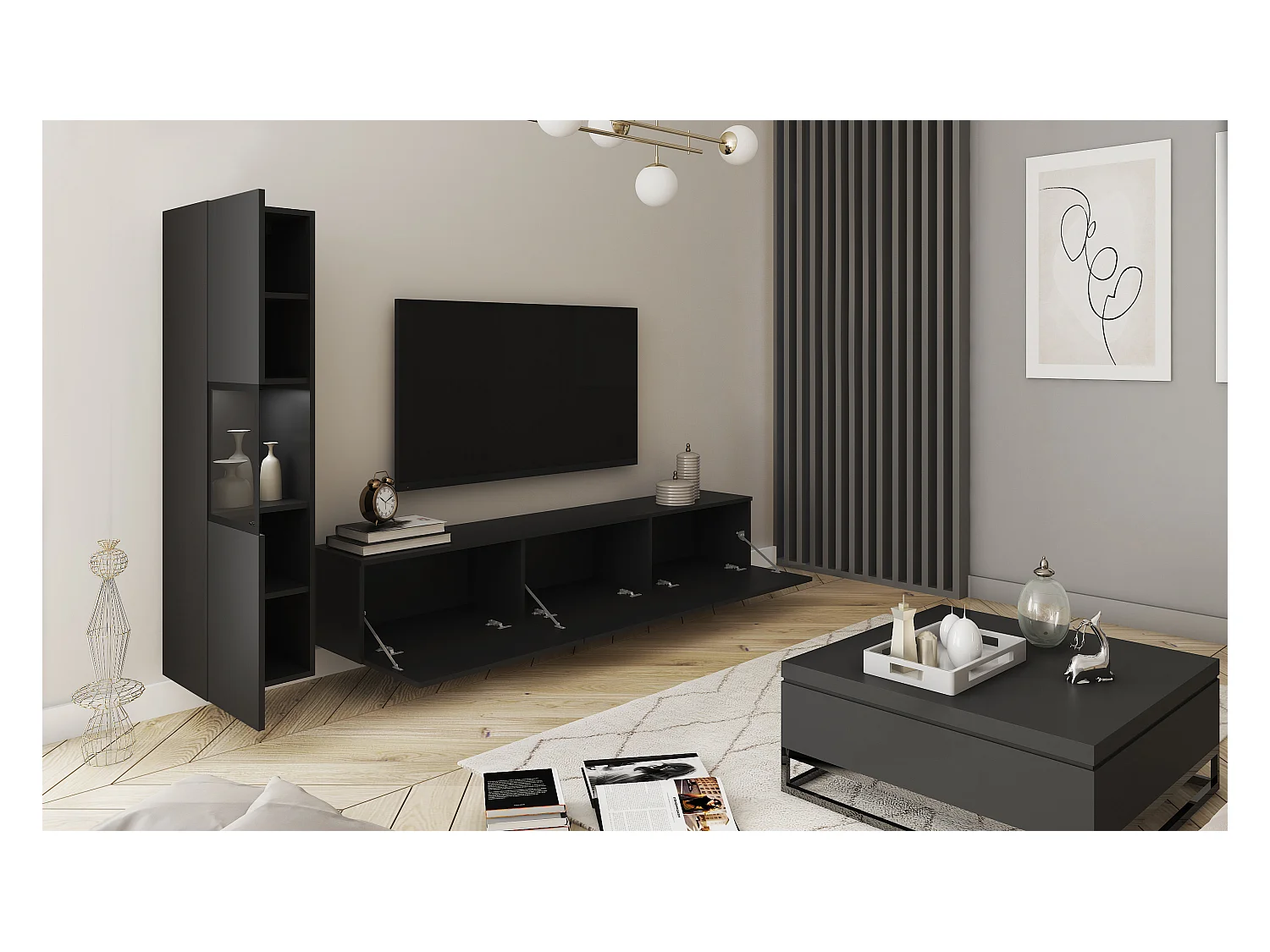 Mur TV de salon avec éclairage, ensemble suspendu et posé 2 éléments avec meuble TV 180 cm et vitrine, corps noir mat