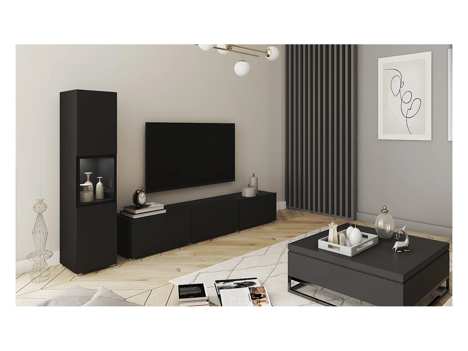 Mur TV de salon avec éclairage, ensemble suspendu et posé 2 éléments avec meuble TV 180 cm et vitrine, corps noir mat