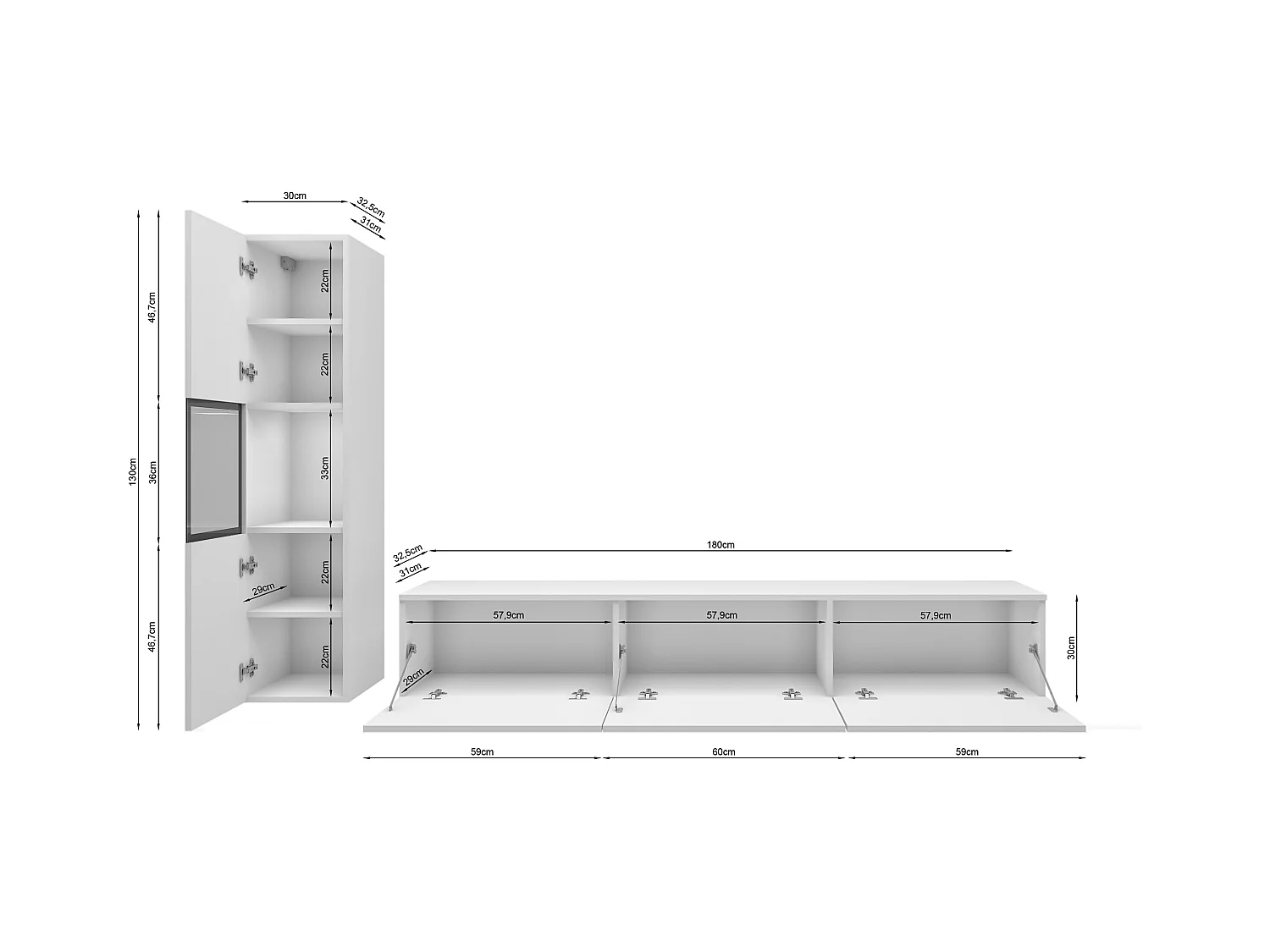 Mur TV de salon avec éclairage, ensemble suspendu et posé 2 éléments avec meuble TV 180 cm et vitrine, corps noir mat