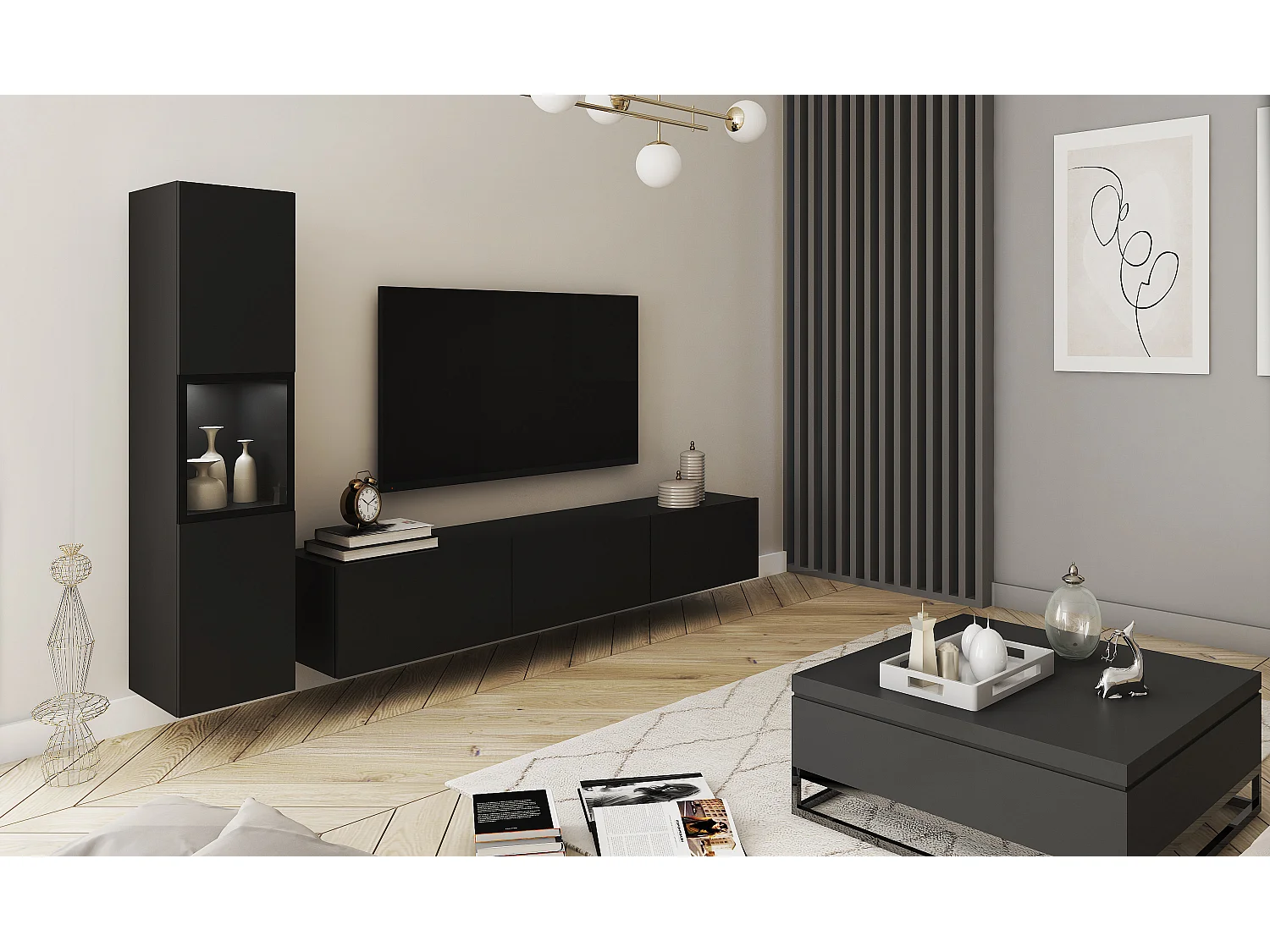 Mur TV de salon avec éclairage, ensemble suspendu et posé 2 éléments avec meuble TV 180 cm et vitrine, corps noir mat